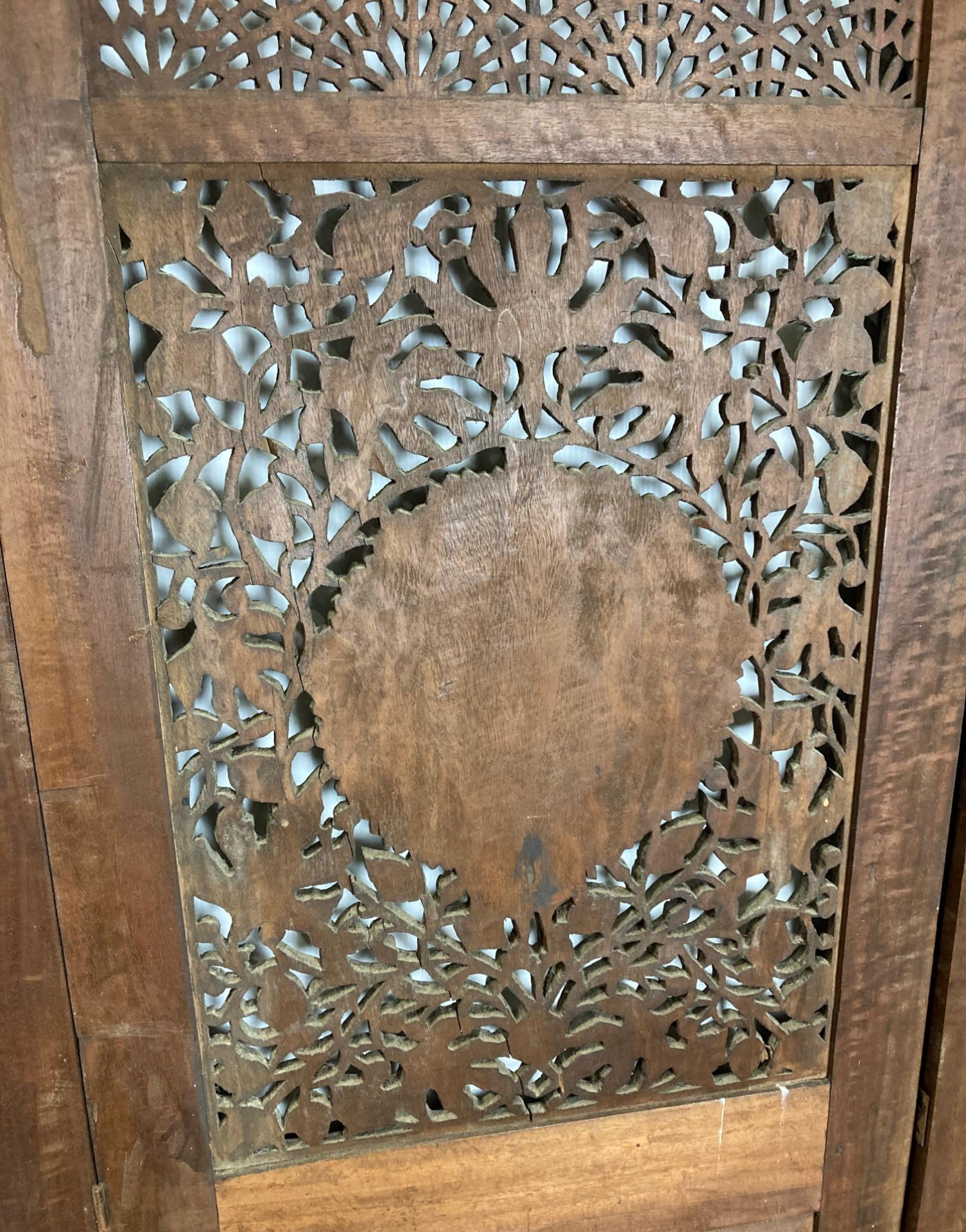 An Asian wooden hand-carved three-panel display screen with detailed peacock to each panel and - Image 3 of 13