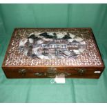 A vintage Oriental mahogany inlaid writing box with mother of pearl inlay (needs attention to