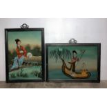 Two vintage Oriental reverse painting on glass of Geisha ladies both with brass/bronze hanging