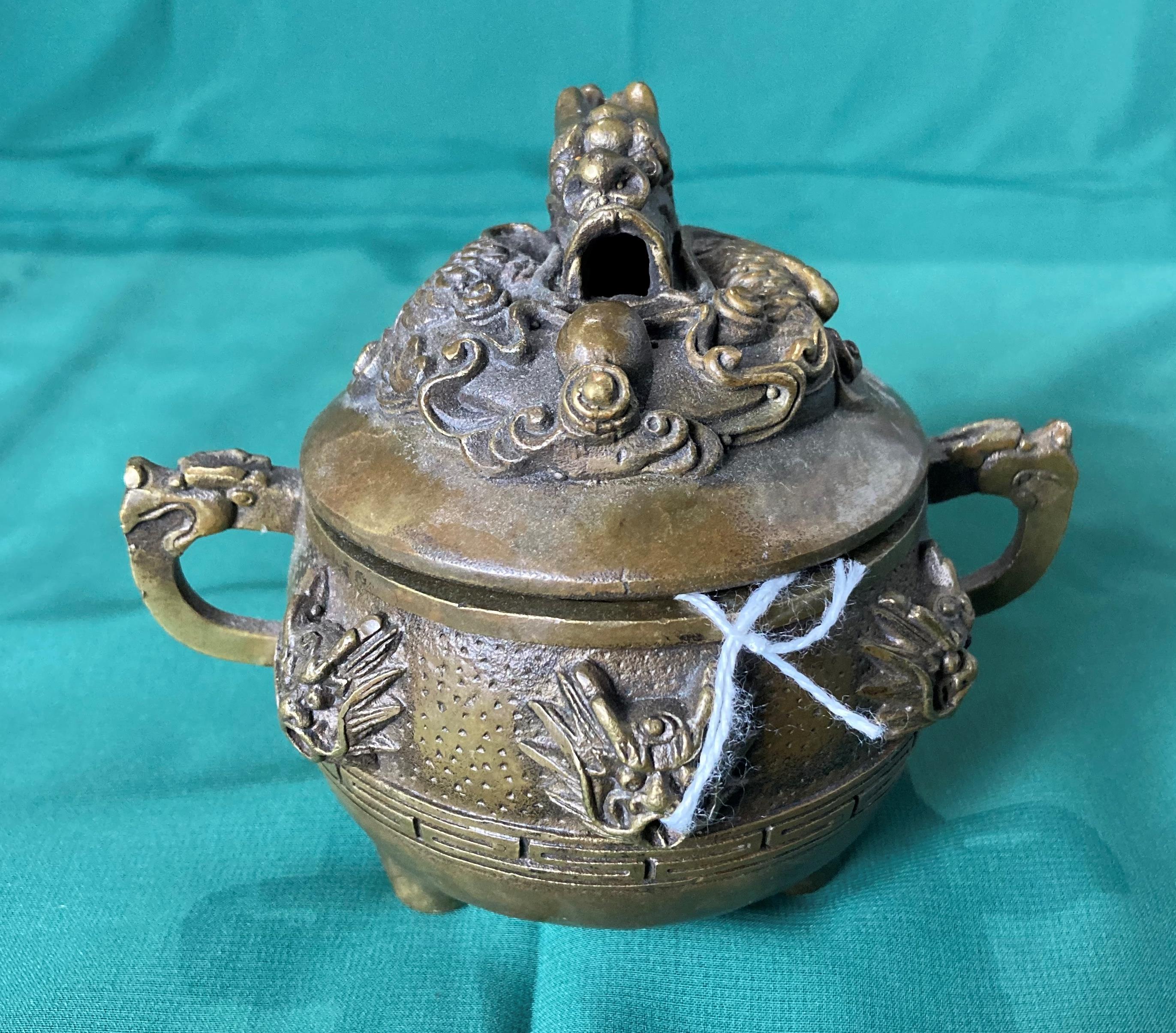 Two Oriental Censor Burners in bronze/brass - one with 9 dragons and holding green stone (Pearl of - Image 5 of 6