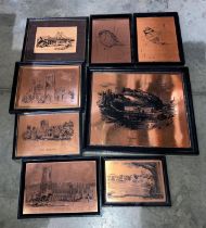 Eight assorted copper etchings of birds and buildings including blue tit, Edinburgh Castle,