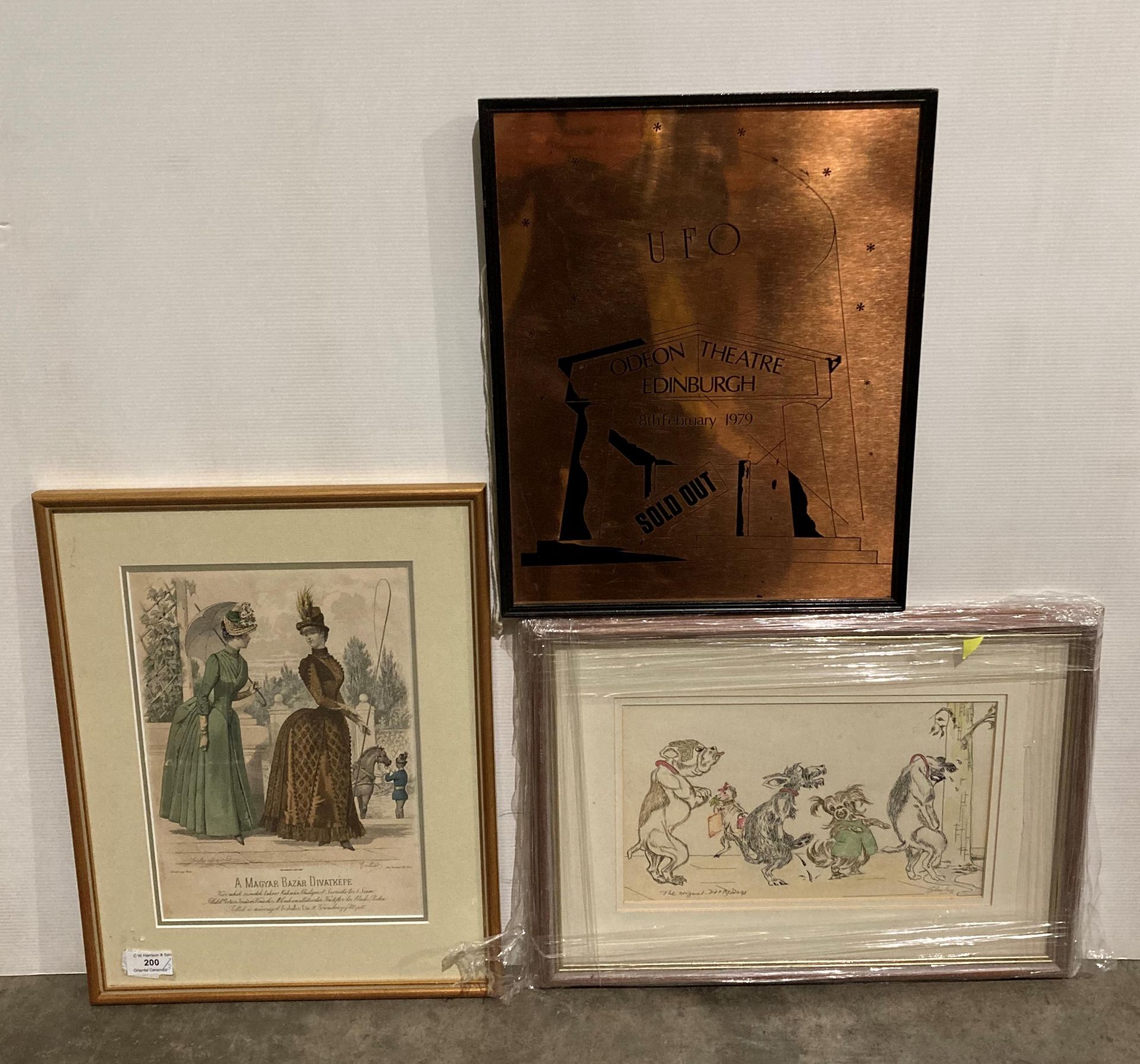 Three assorted framed items including 'The Original Dirty Dogs' signed G Harley (original - 30cm x