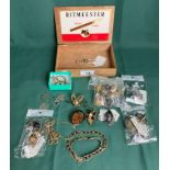 Contents to cigar box - assorted costume jewellery including Scottish brooches, chains,