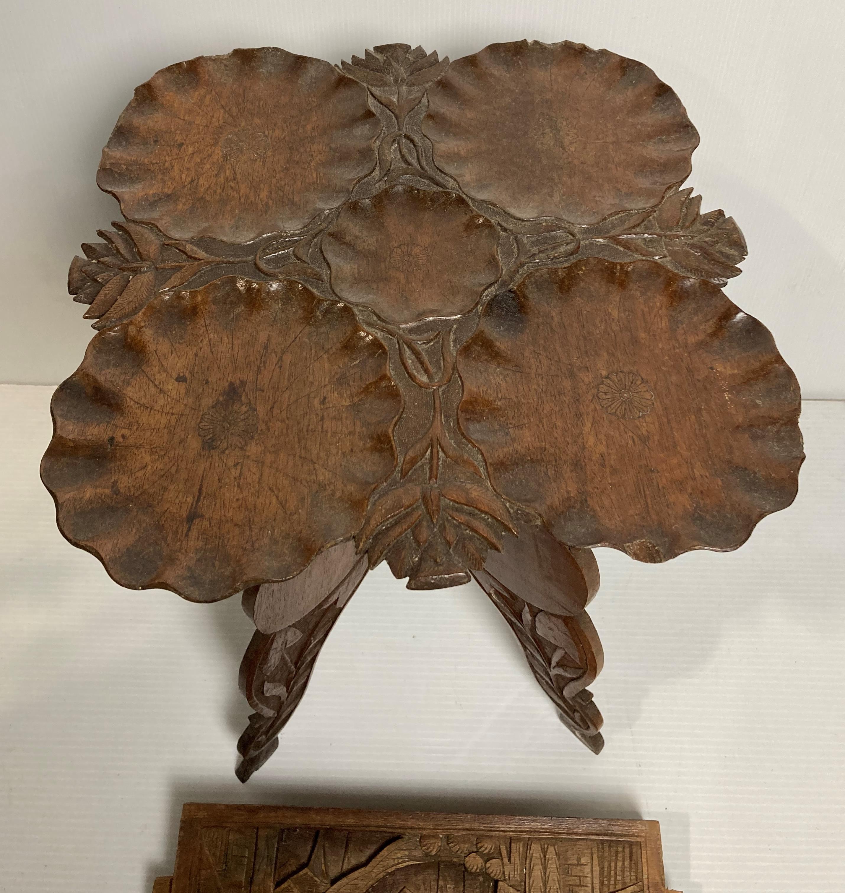 Anglo Indian carved folding table with lotus leaf-top (30cm x 30cm top - 40cm high) and three - Image 2 of 4