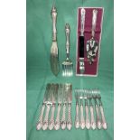 Contents to tray - a set of cutlery including six silver-plated forks and six knives (possibly