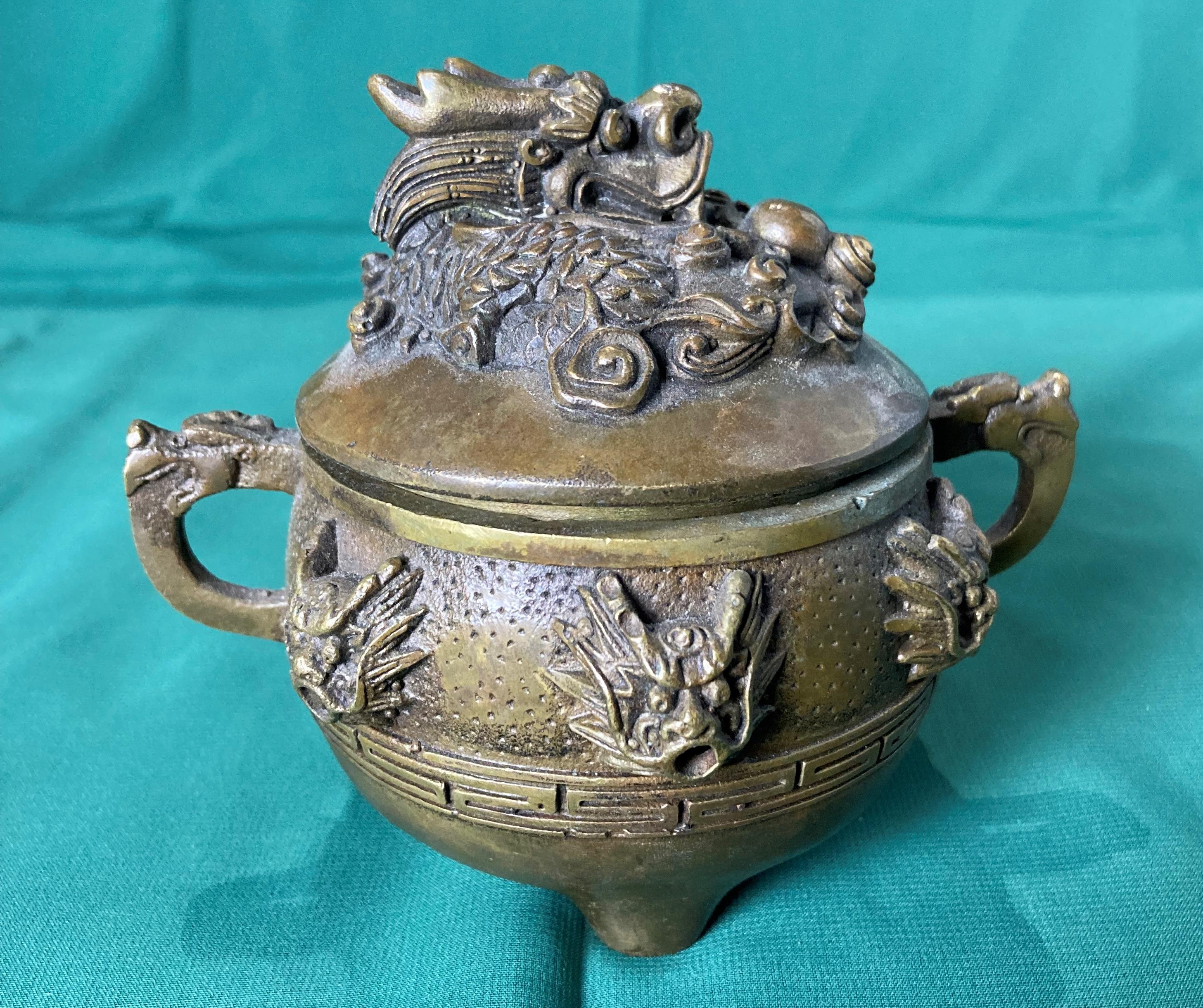 Two Oriental Censor Burners in bronze/brass - one with 9 dragons and holding green stone (Pearl of - Image 4 of 6