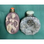 Two assorted jade/jadeite carved snuff bottle stoppers (only one spoon), 5.5cm and 6.