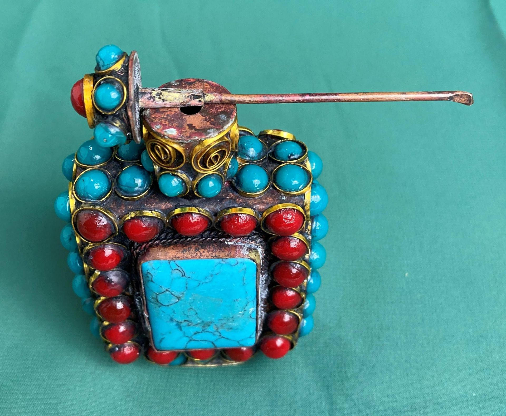 A Chinese/Tibetan hand-made metal work with deep red and turquoise coloured stones with stopper, - Image 5 of 7