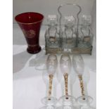 Set of three decanters in silver-coloured carry holder, each decanter with hanging tag (whisky,