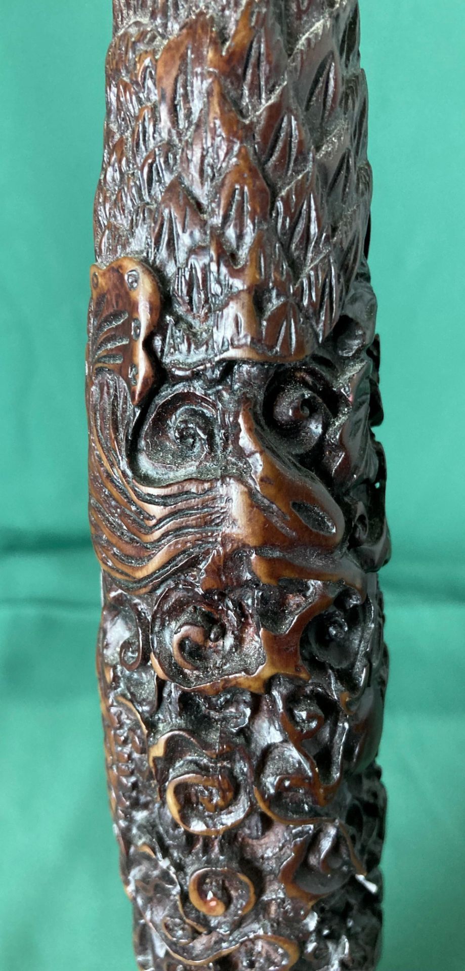 Brown resin Oriental horn/tusk on stand with dragon climbing tree (saleroom location: S1) - Image 4 of 4