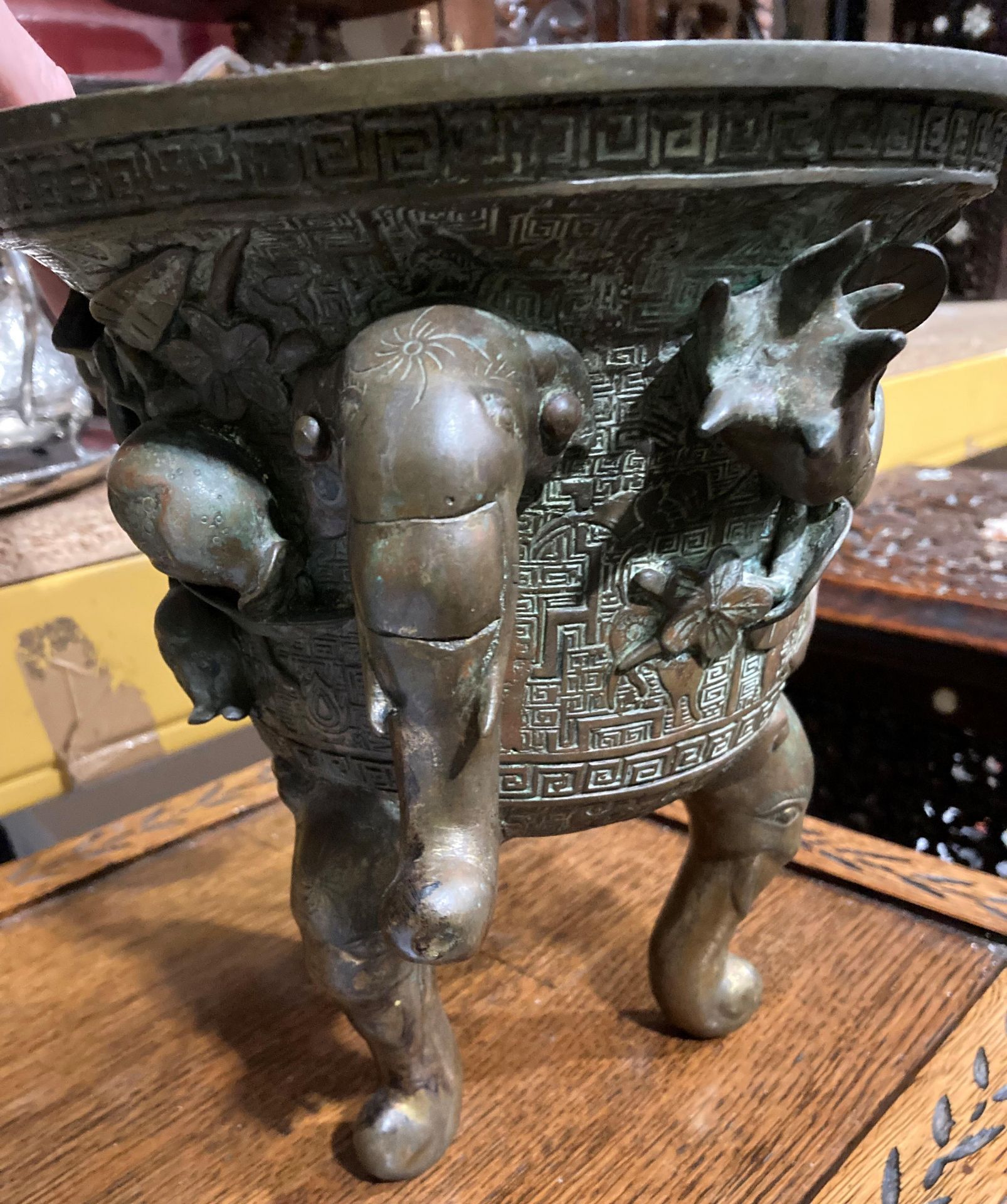 An Oriental bronze incense burner with elephant head legs and two elephant head handles with - Image 13 of 21