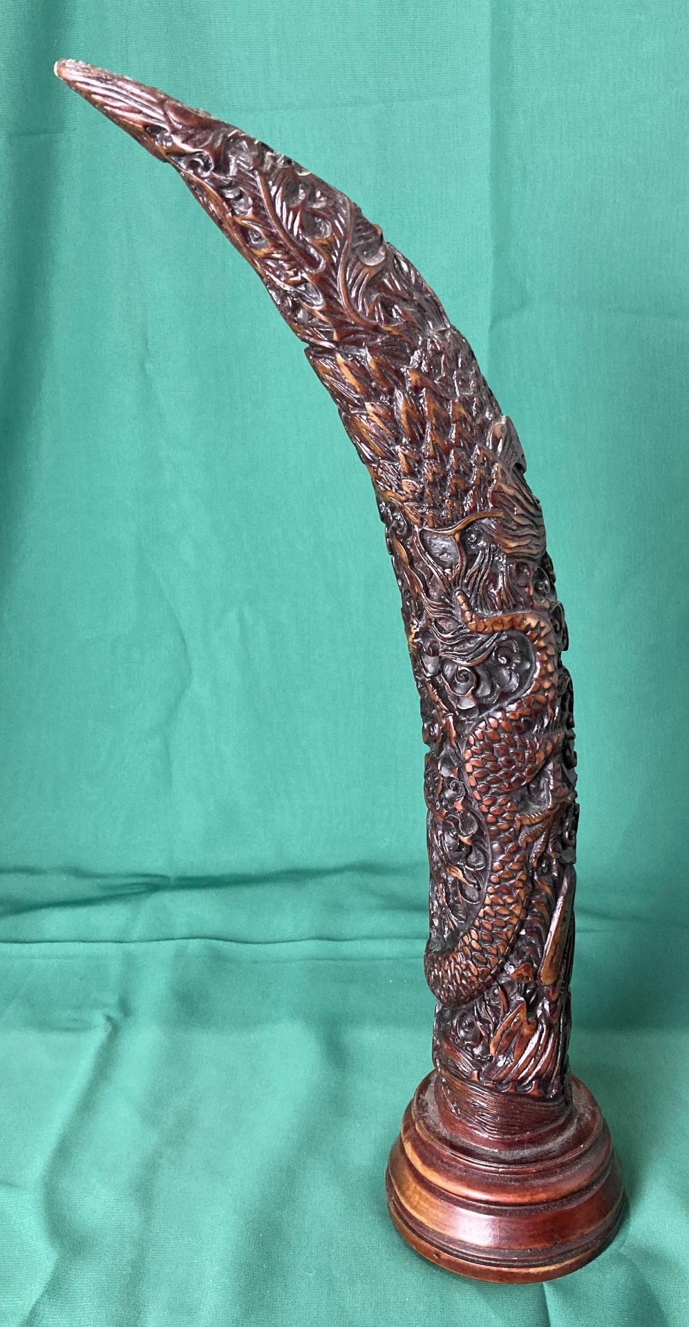 Brown resin Oriental horn/tusk on stand with dragon climbing tree (saleroom location: S1) - Image 2 of 4