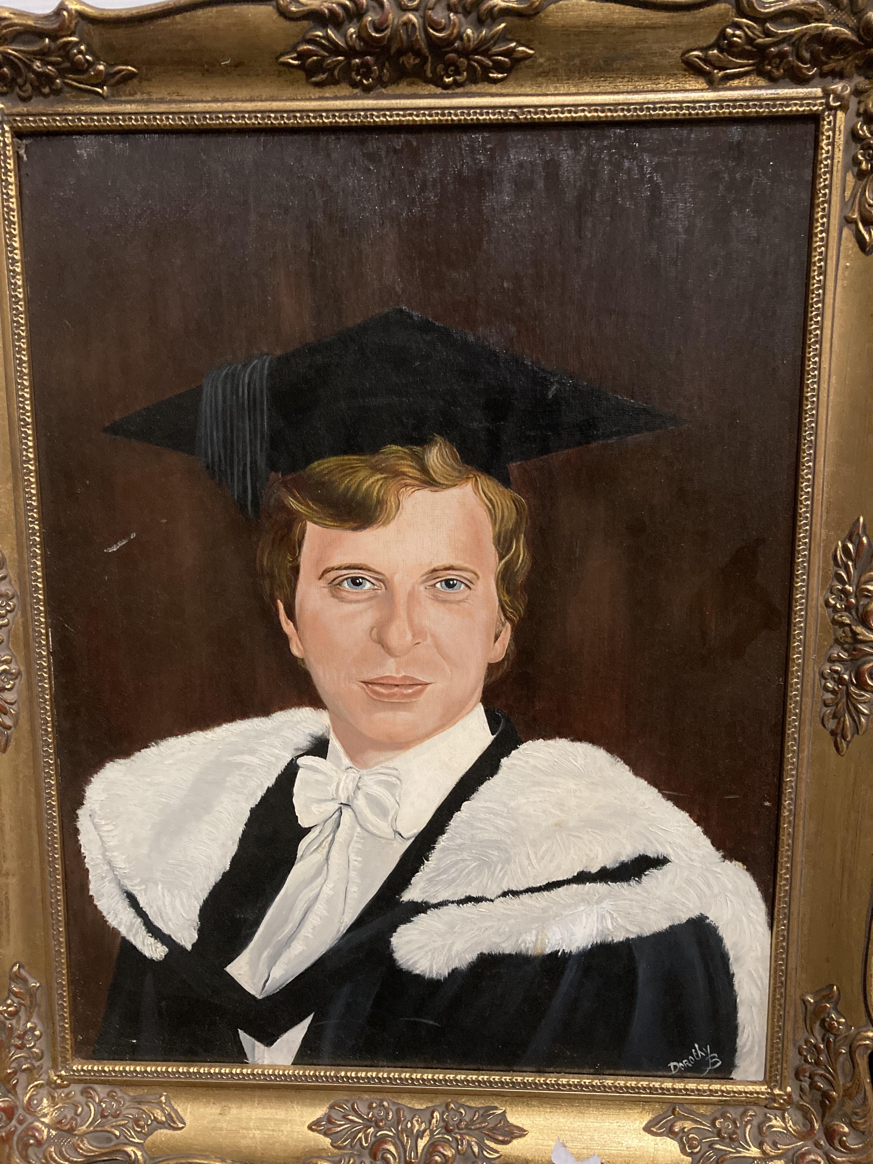 A gilt framed oil on board of gentleman in graduation clothing signed 'Dorothy 3' (34. - Image 2 of 3