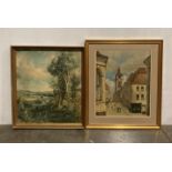 Two framed prints - JBC Corot (1796-1875) - 'The Belfry at Douai' (41cm x 50cm) and 'Dedham Vale'