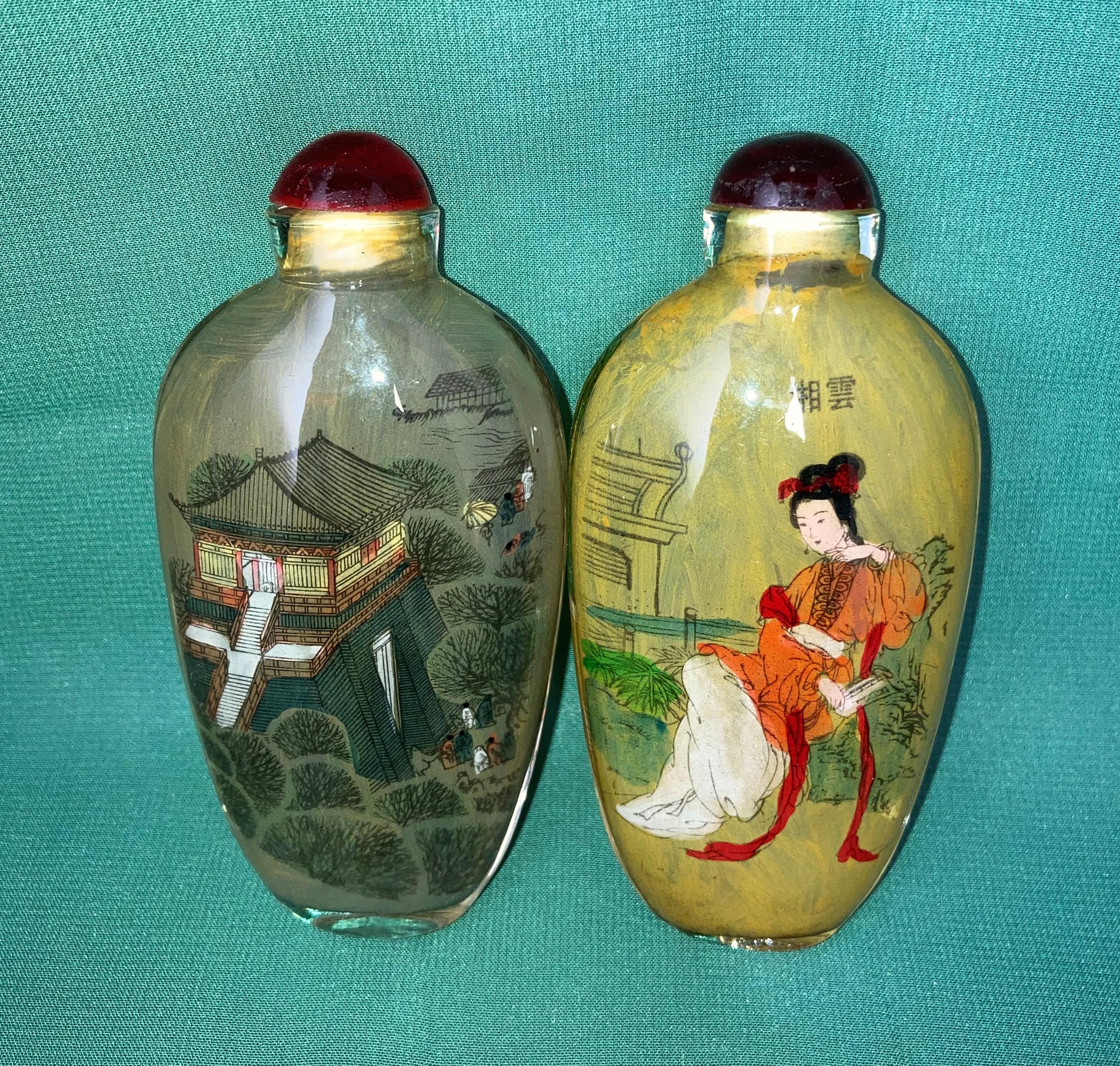 Two glass internal hand-painted snuff bottles, each 9.