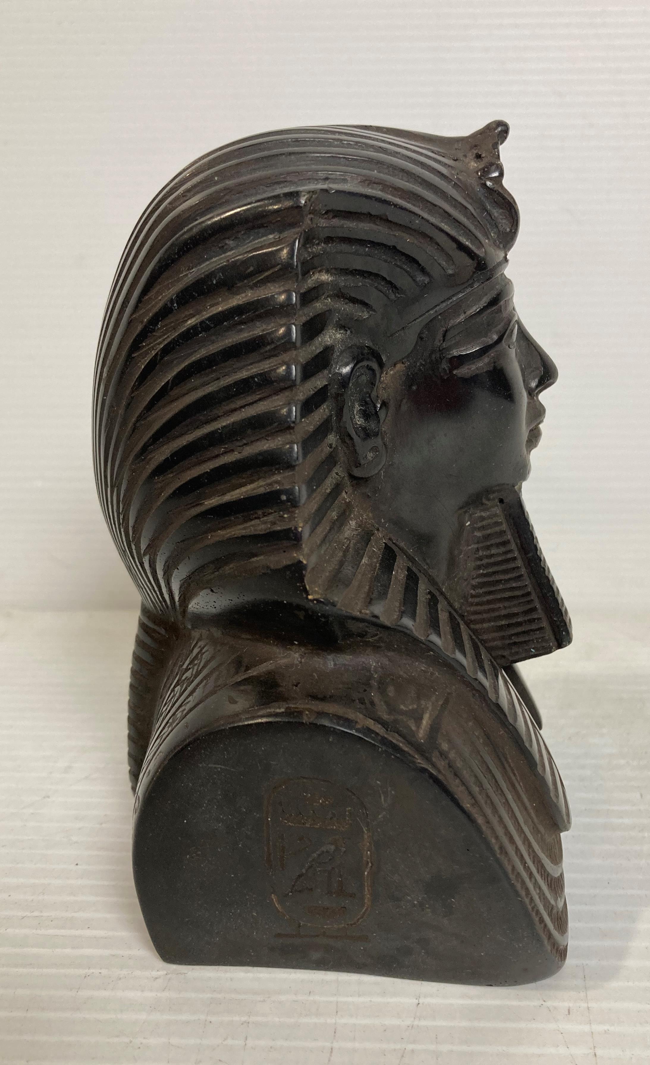 An Egyptian Pharaoh bust in polished blacks stone with hieroglyphics to each side, - Image 4 of 6