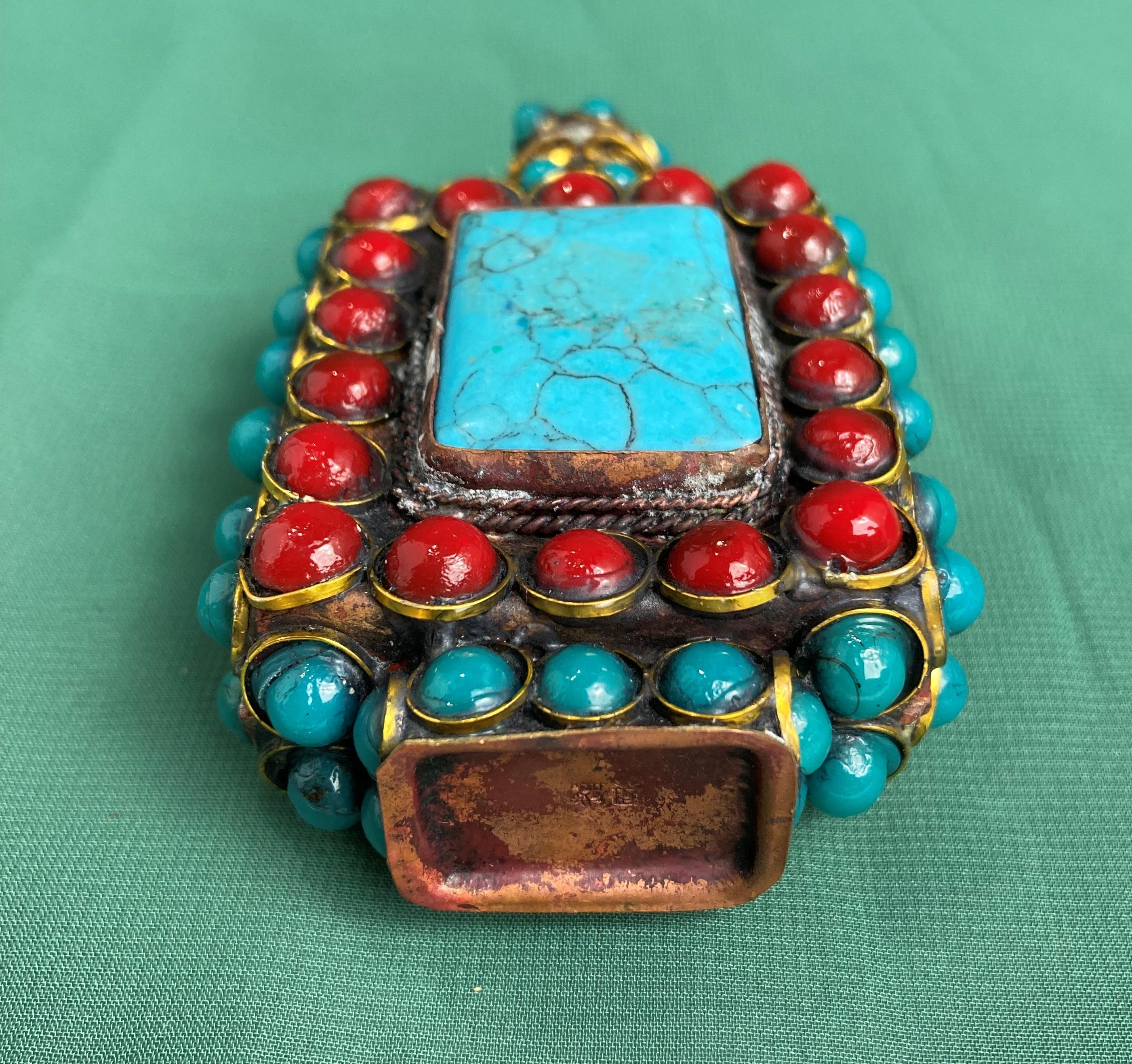 A Chinese/Tibetan hand-made metal work with deep red and turquoise coloured stones with stopper, - Image 6 of 7