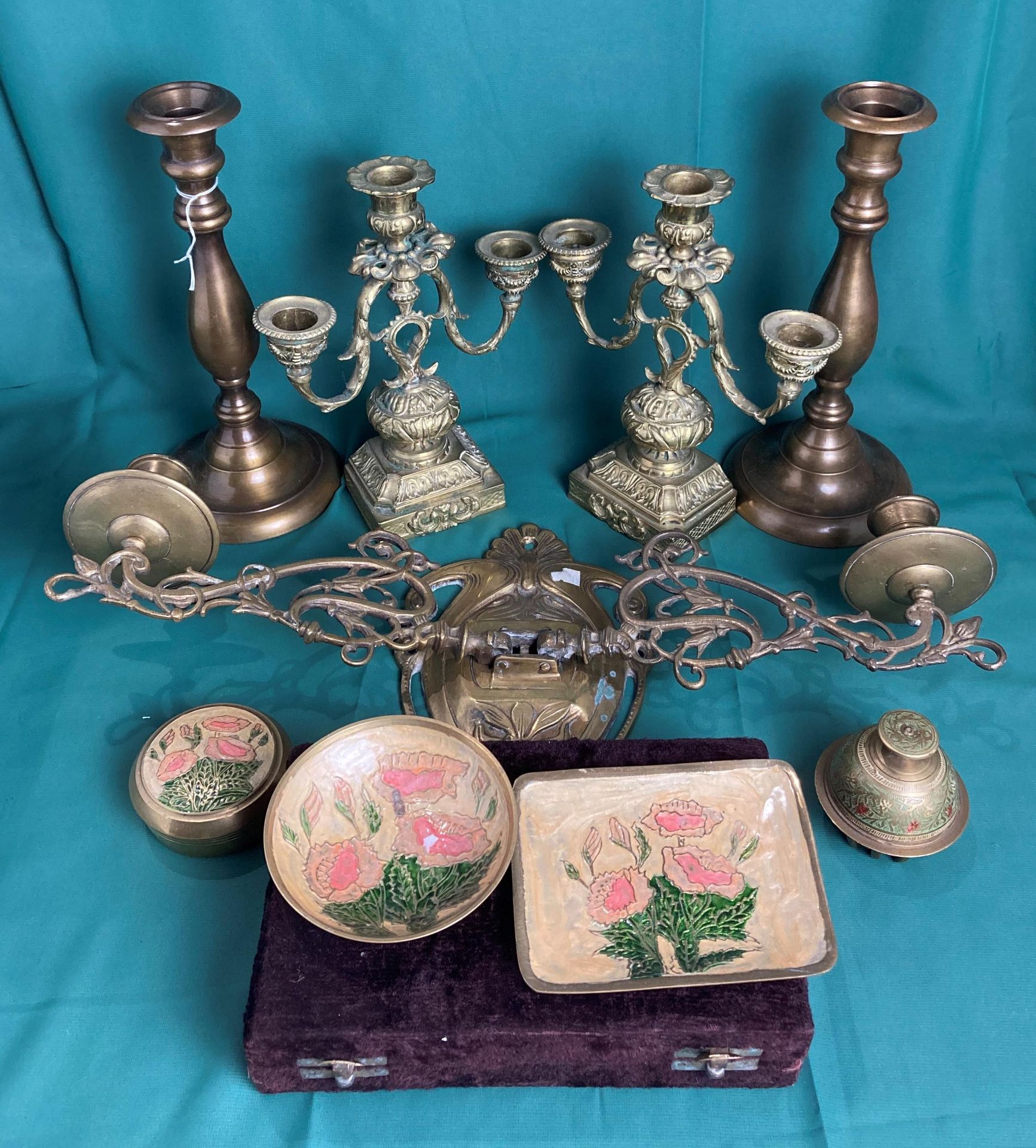 Pair of vintage brass ornate triple candelabra (20.