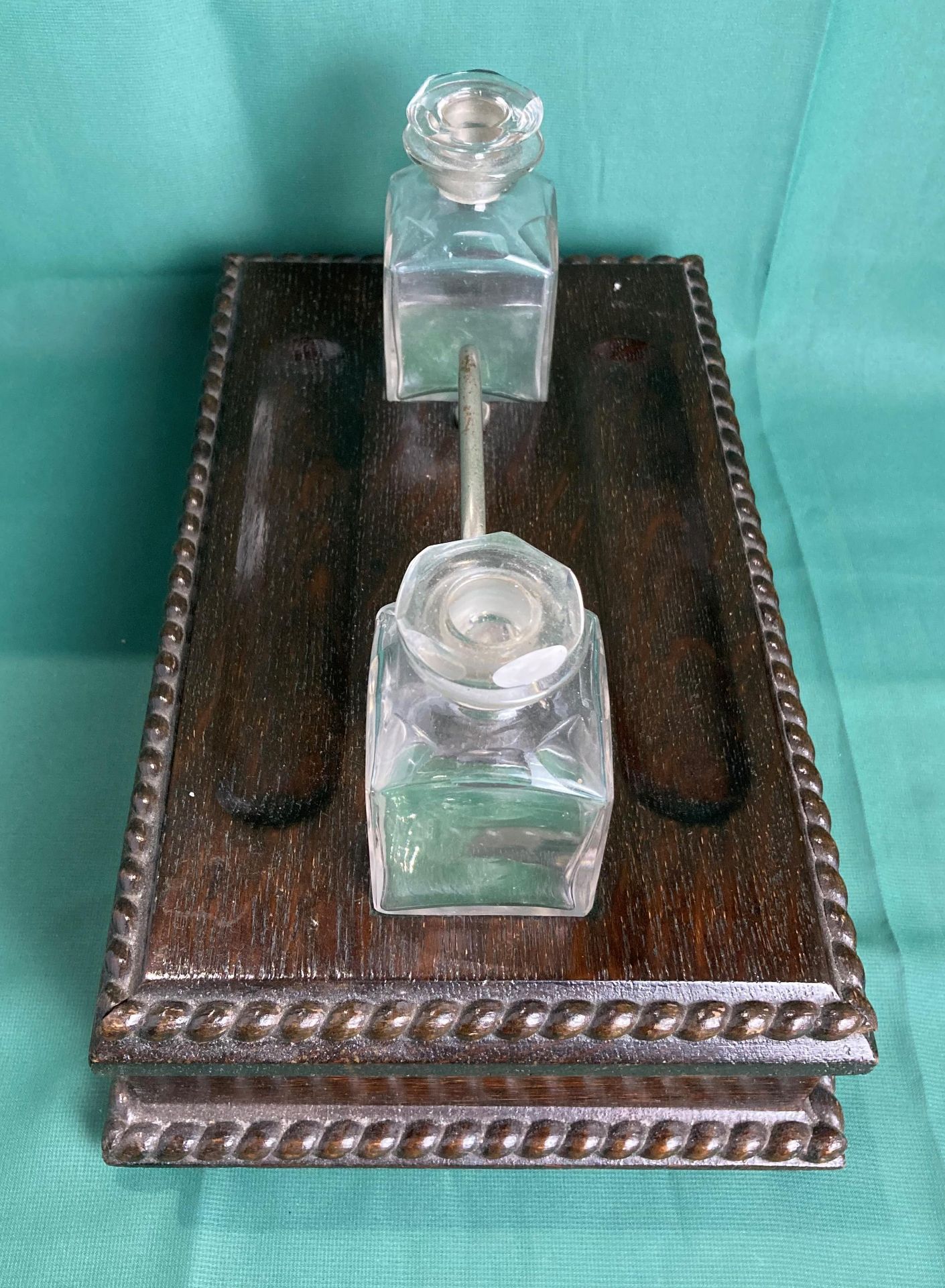 Mahogany double ink well stand with original glass bottles, both with stoppers and single drawer, - Image 3 of 3