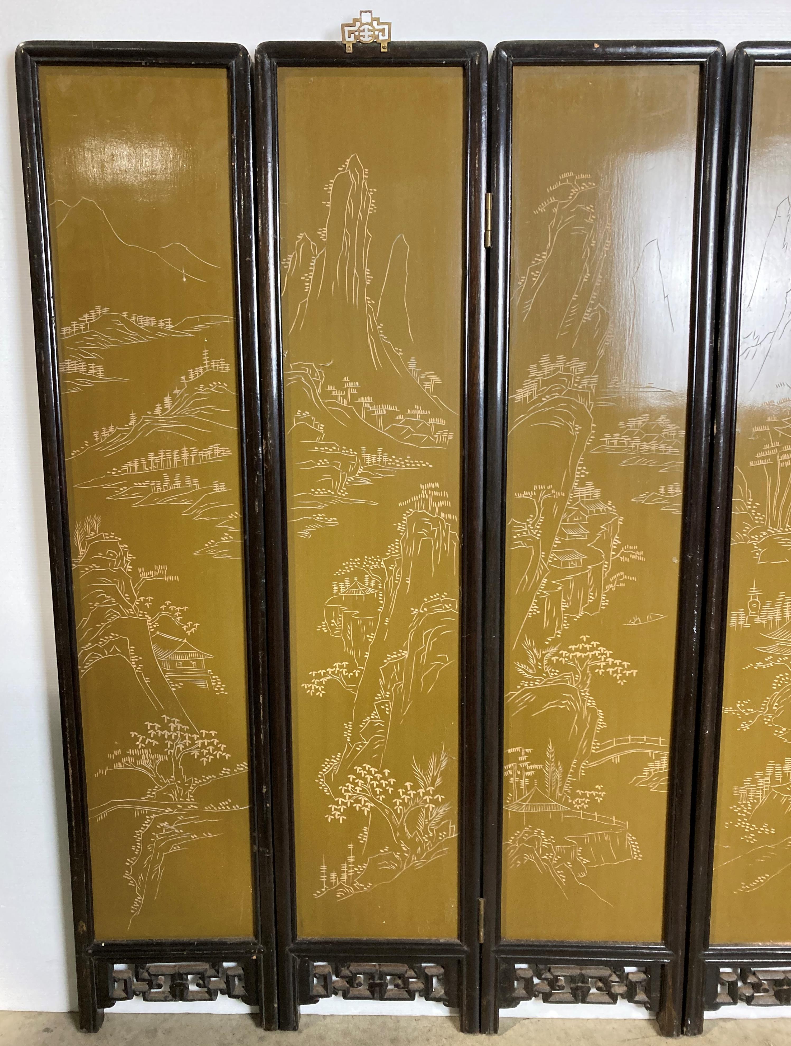 A Mid-Century Oriental six-panel folding screen with soap stone display to each panel and etching - Image 11 of 13