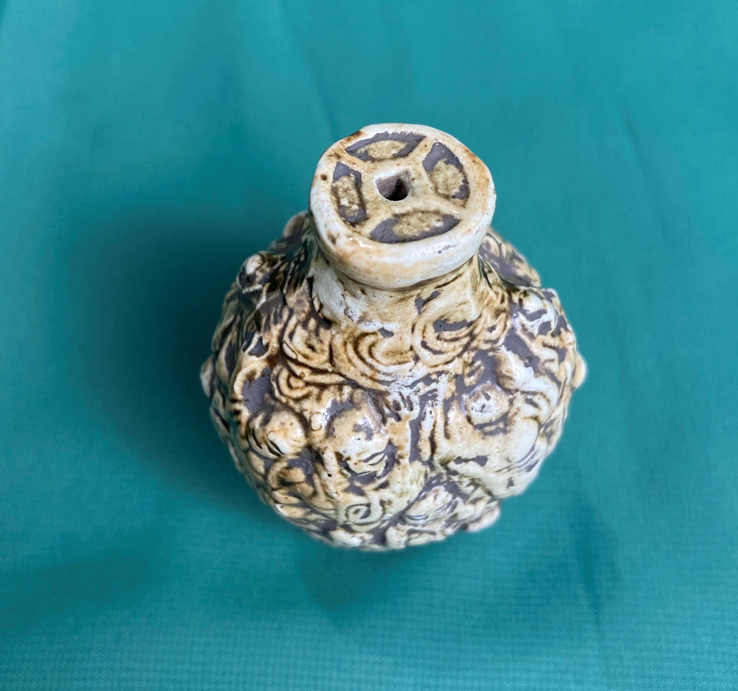 An antique hand-carved stone snuff/scent bottle decorated with Buddha and monks, - Image 5 of 5