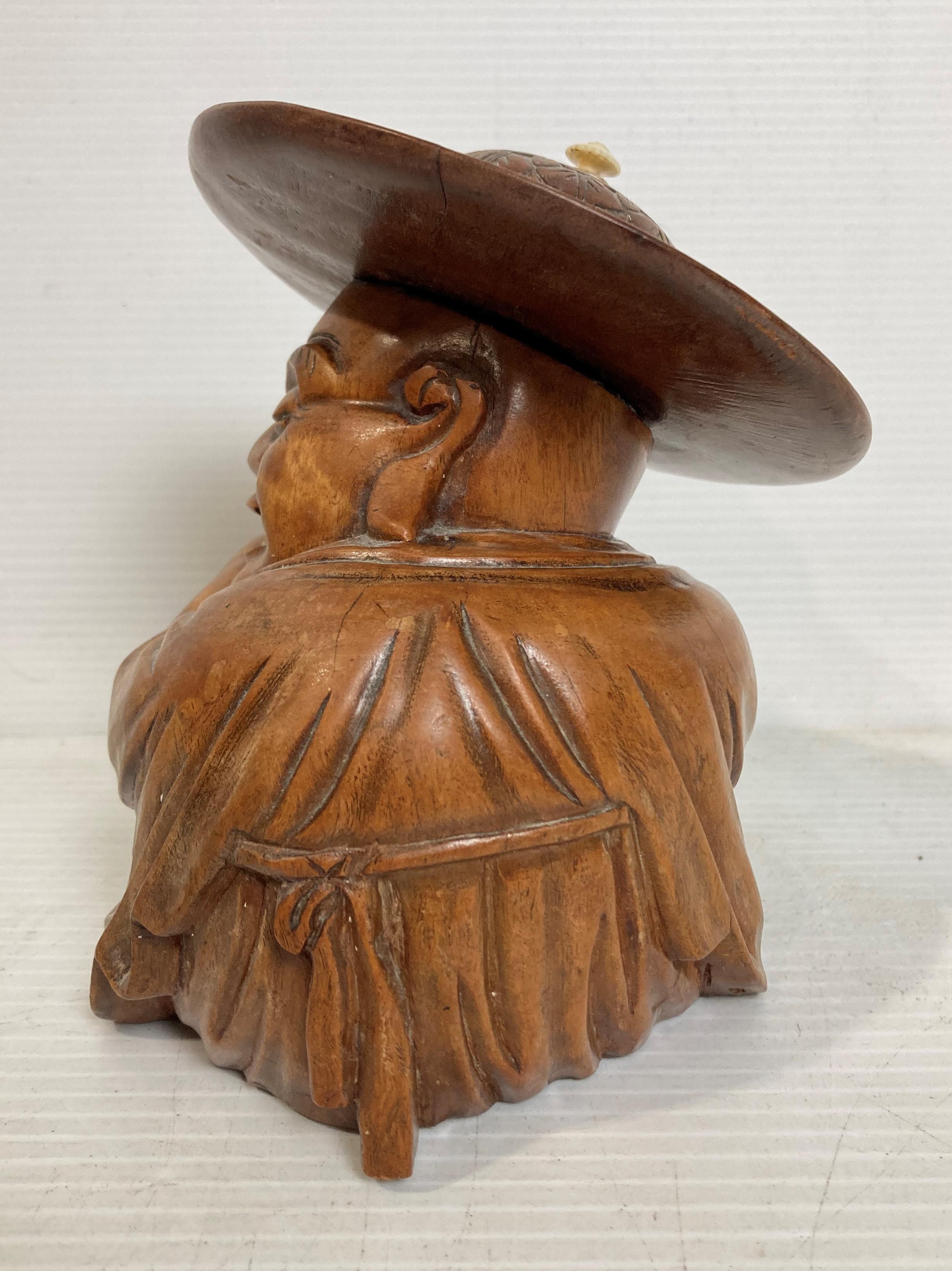 An Oriental wooden hand-carved figurine of sleeping man with engraved hat, - Image 3 of 7