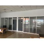 Glass partition section comprising six panels and two doors (Please note the successful bidder is