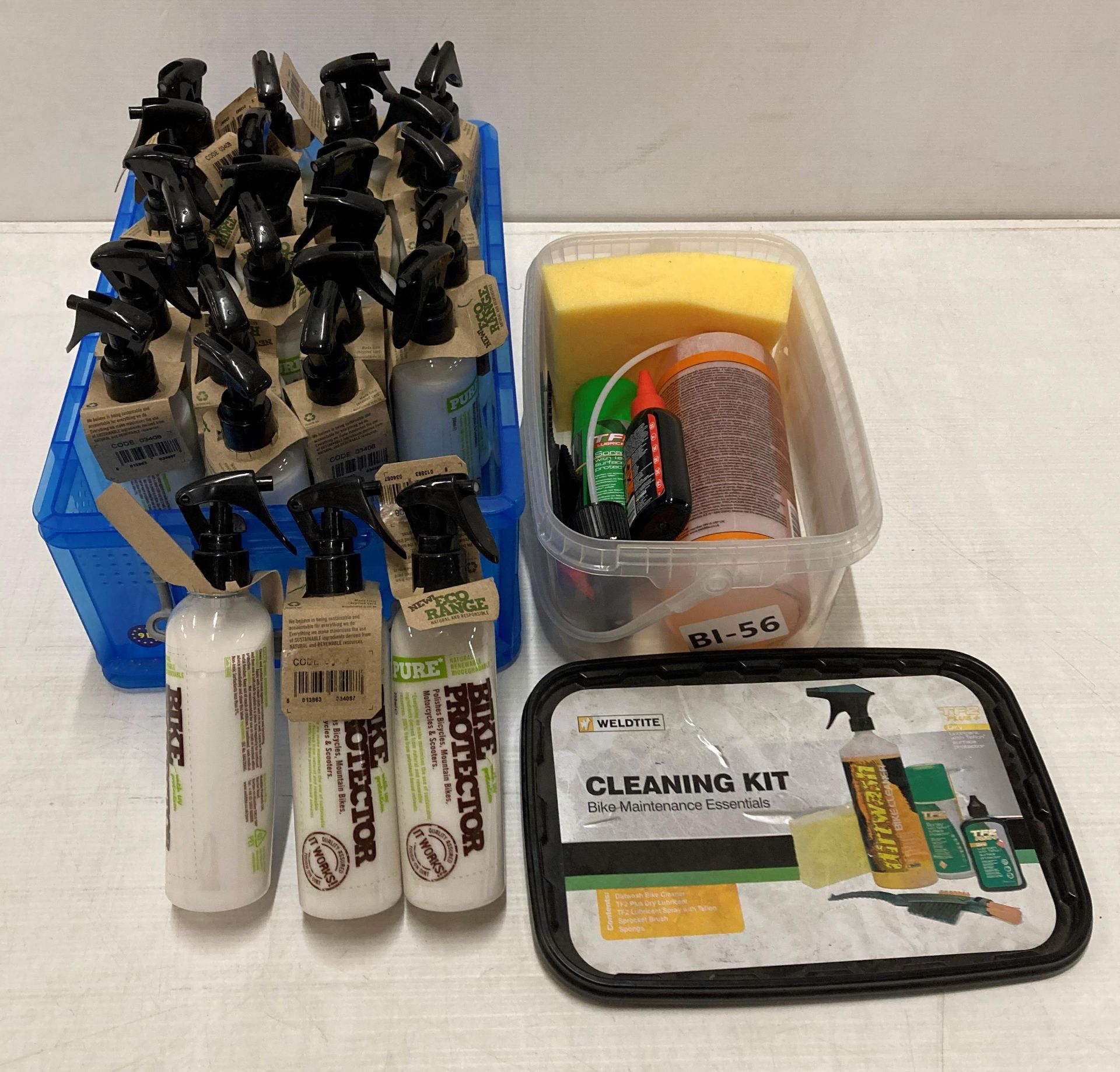 A Weldtite bike maintenance cleaning kit and approximately 24 x bottles of Bike Protector (saleroom