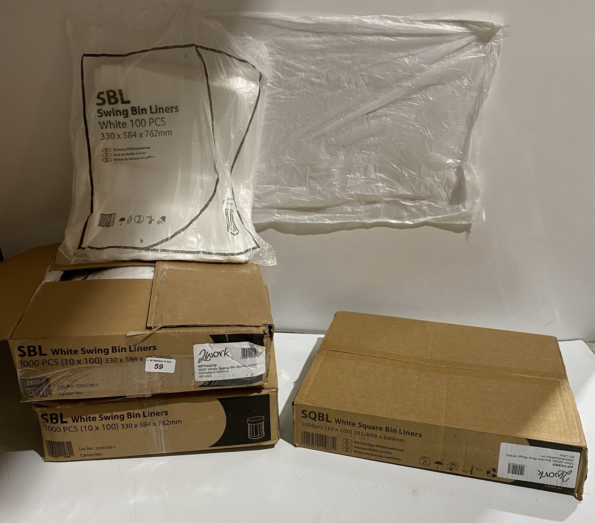 2 x boxes of 1000 white swing bin liners 330x584x762mm 45L, 1 x box of 900 white bin liners 30L.
