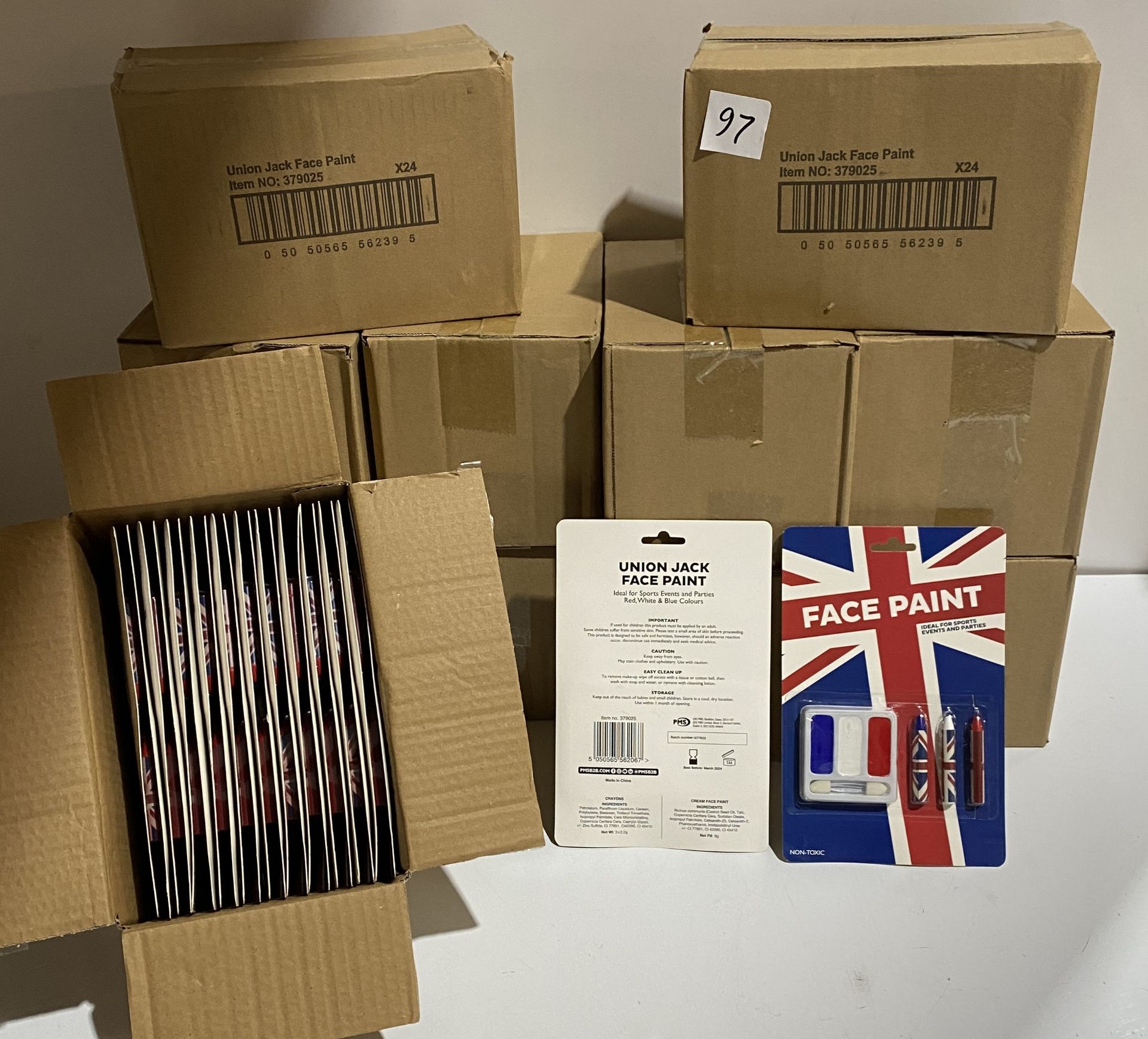 11 x boxes of 24 union jack face paints non toxic dated March 2024 (saleroom location: G12)