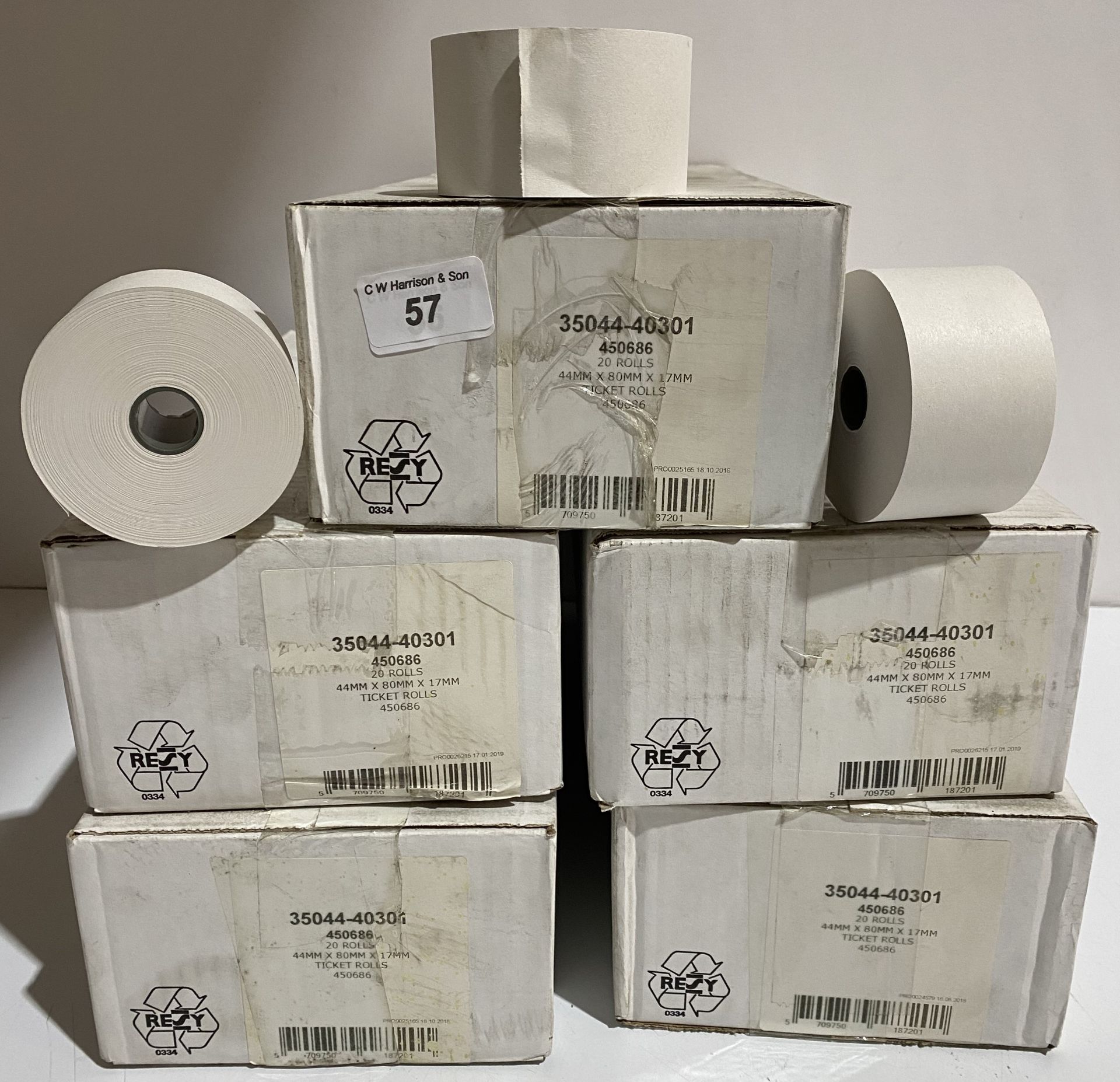 5 x boxes of 20 rolls each box single ply ticket/thermal/cash register receipt rolls 44x80x17mm