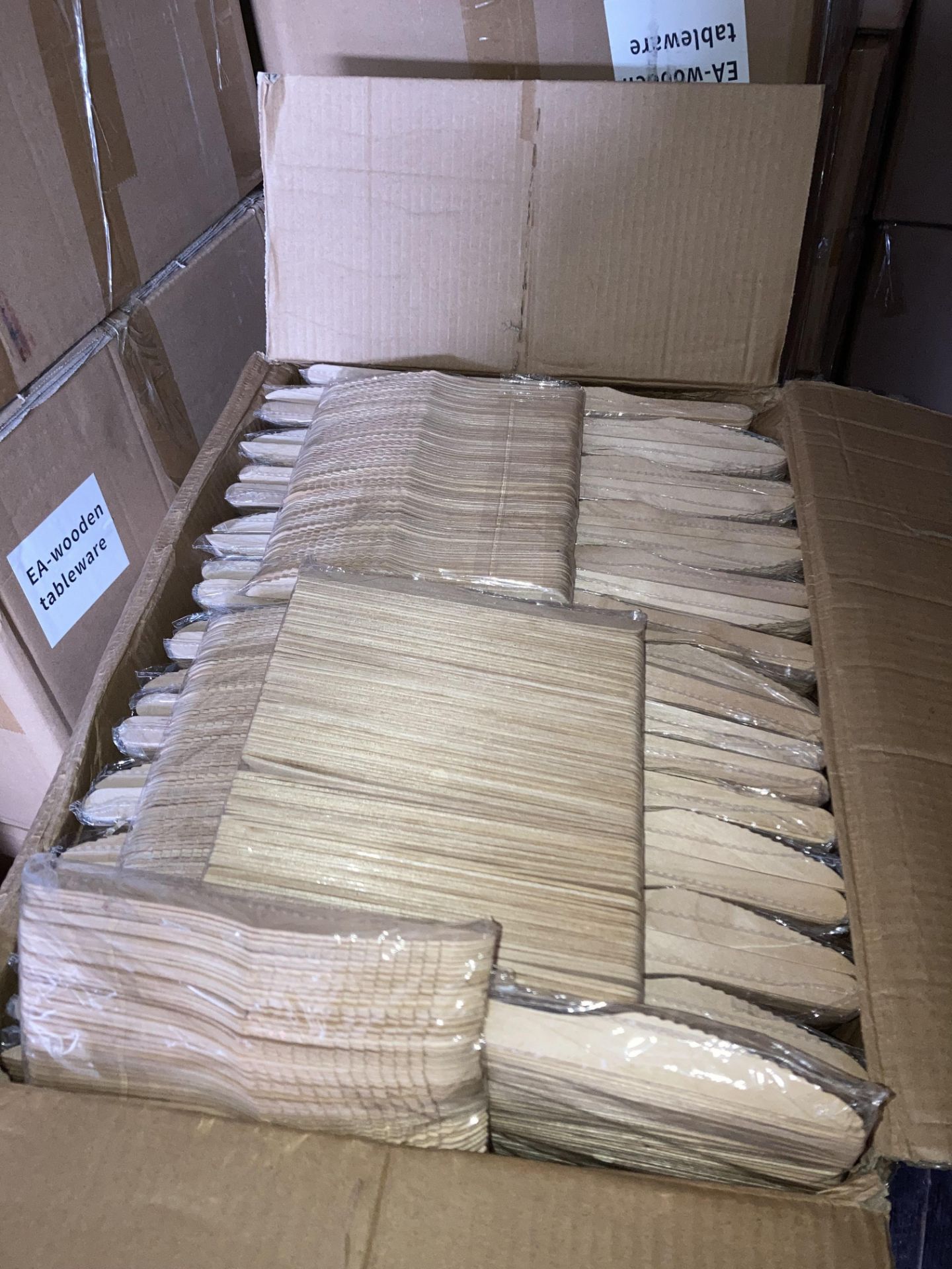Contents to 4 x large boxes - Marked 'Wooden Cutlery and a large quantity of Wooden Knives' (box