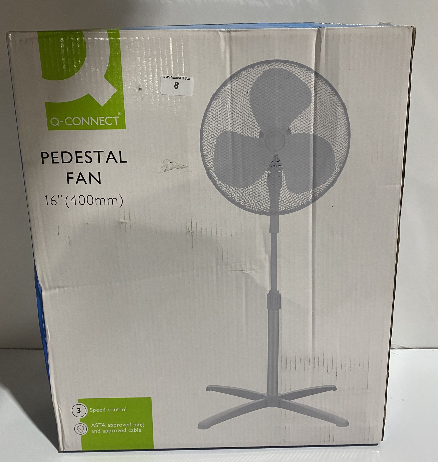 1 x new boxed 16" pedestal fan oscillating 3 speed control (saleroom location: H13)
