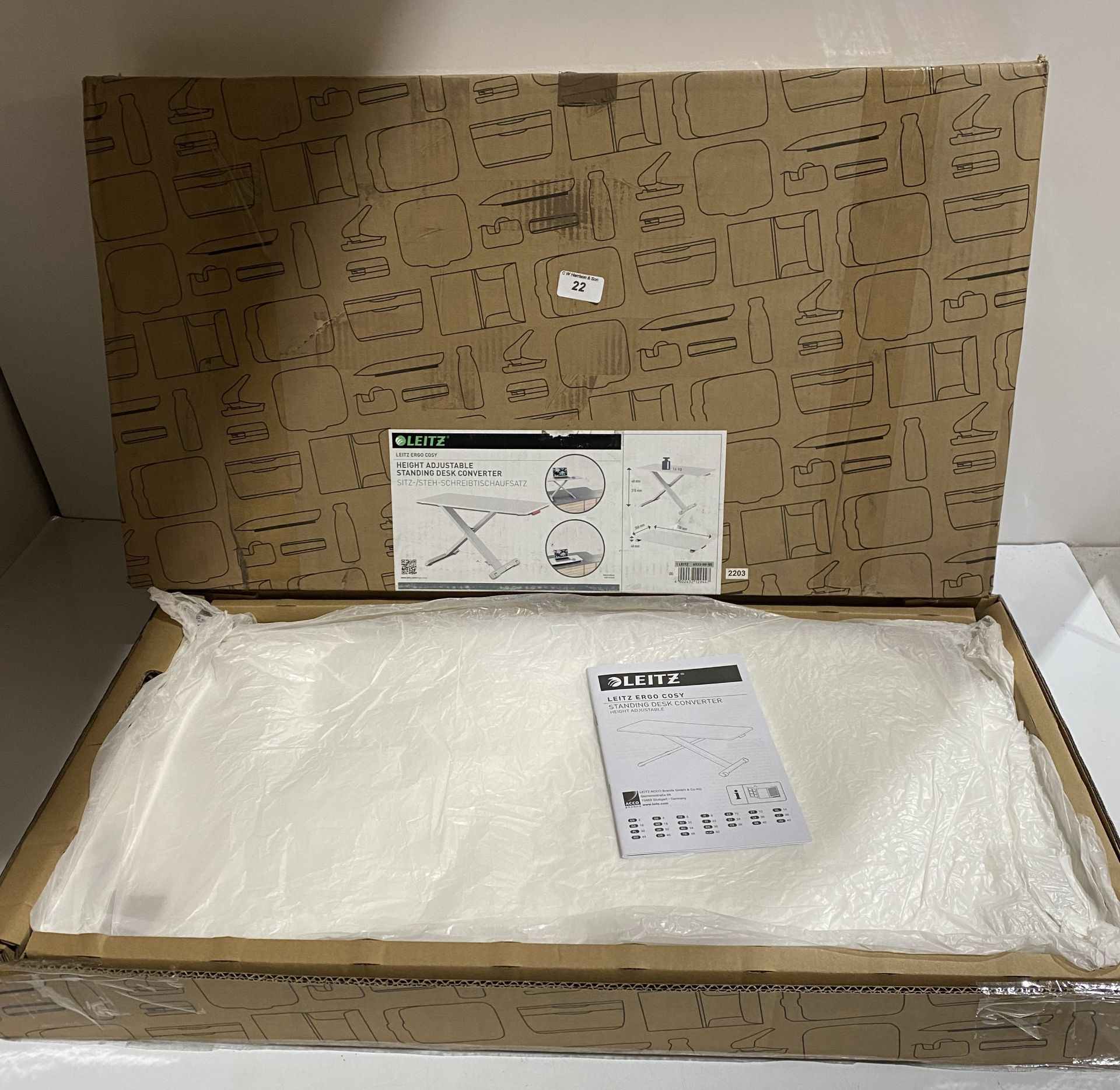 1 x new boxed Leitz ergonomic height adjustable standing desk convertor (saleroom location: H11)