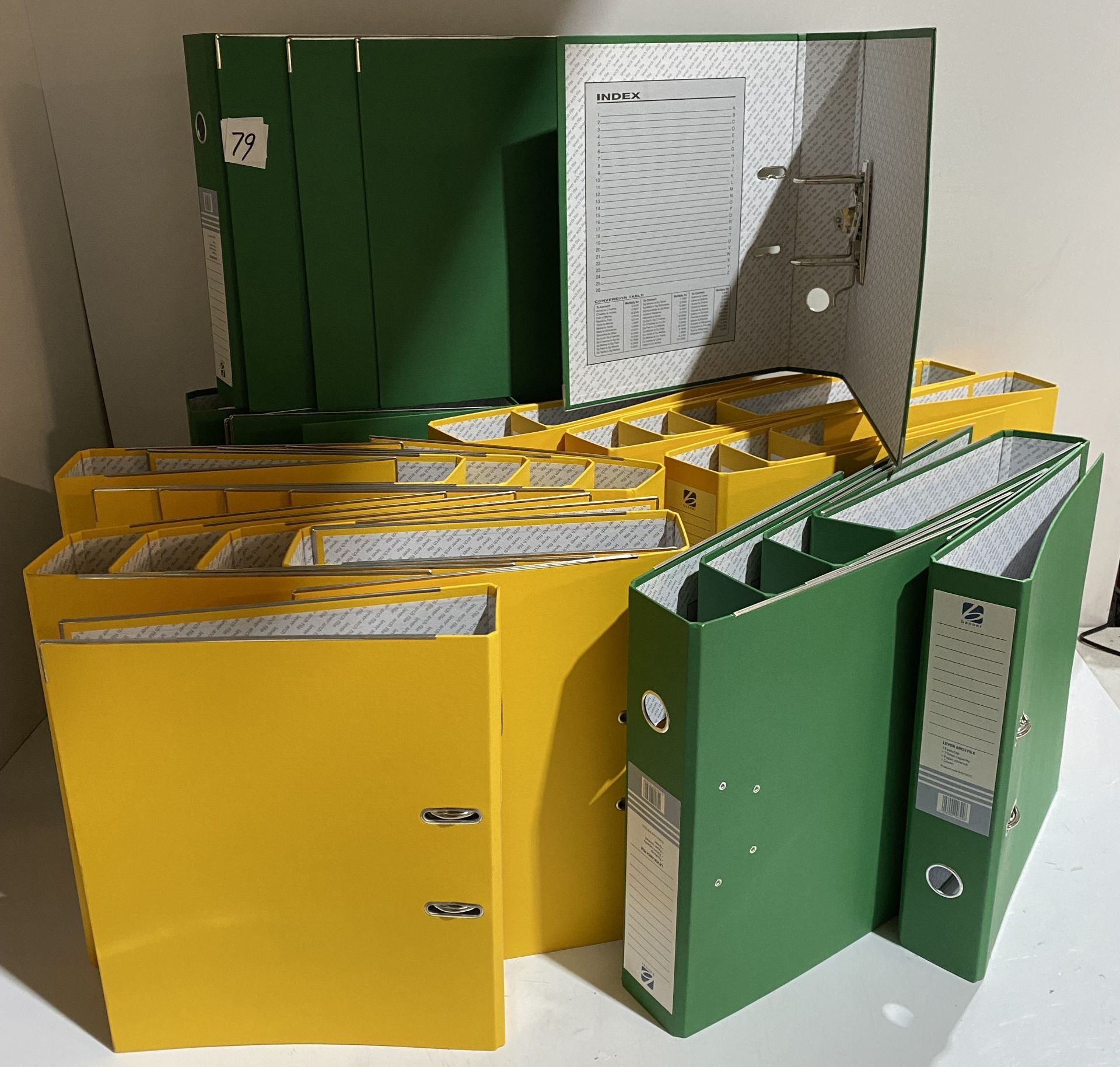 50 Foolscap yellow-green Lever Arch files new (saleroom location: G08)