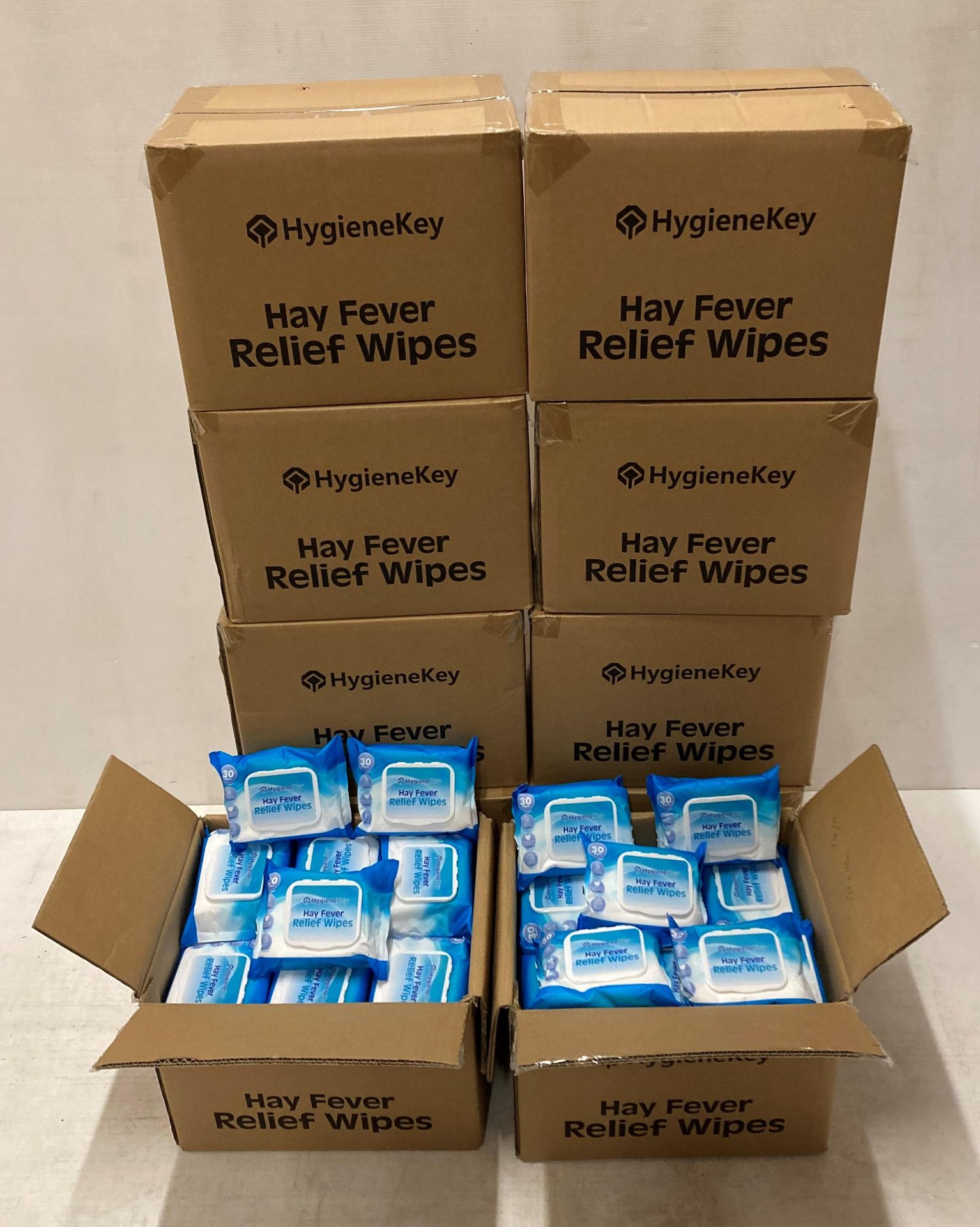 360 x packs of Hygiene Key hay fever relief wipes (30 x wipes per pack - expiry date: 30/05/24) -