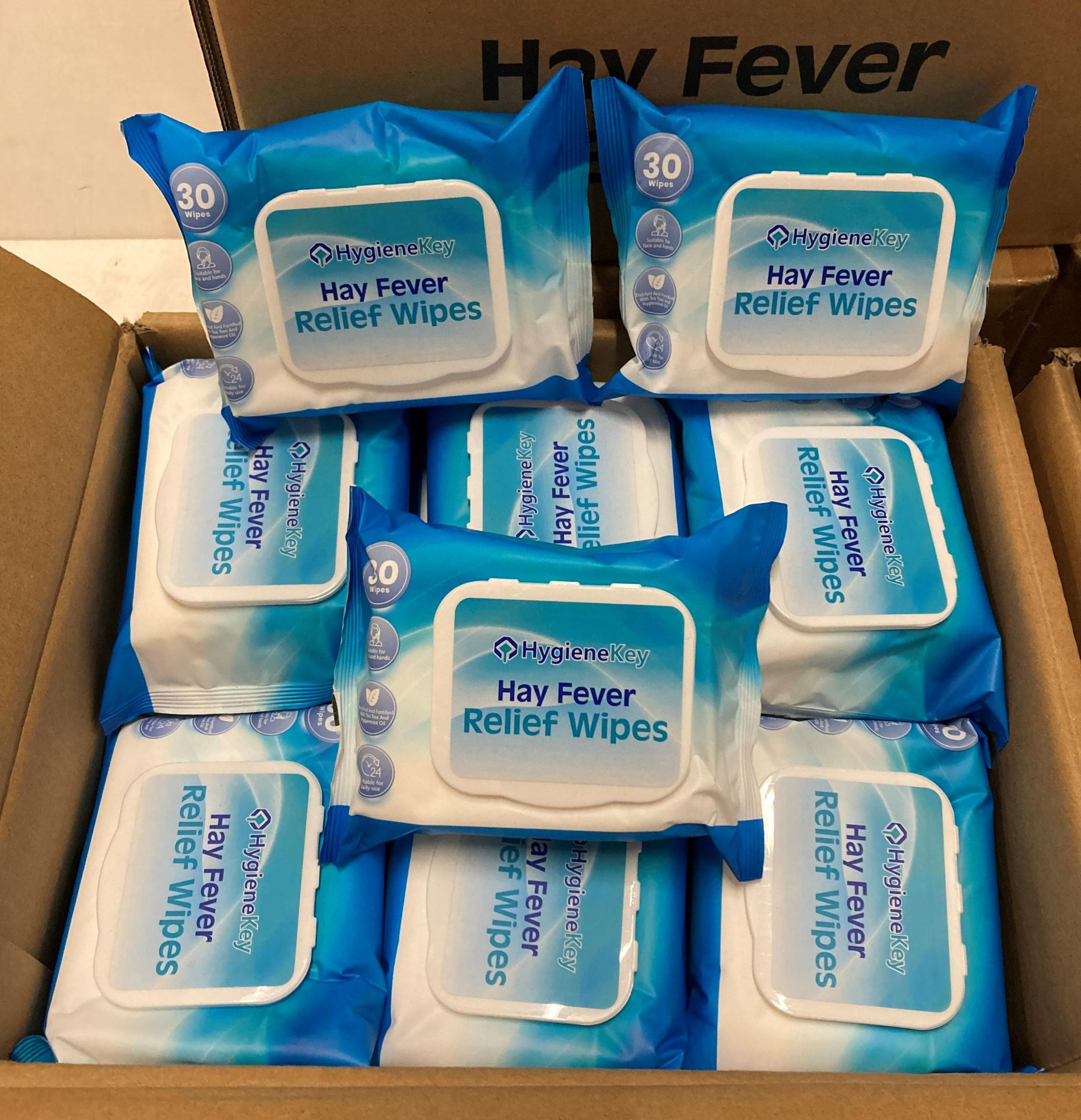 360 x packs of Hygiene Key hay fever relief wipes (30 x wipes per pack - expiry date: 30/05/24) - - Image 2 of 2