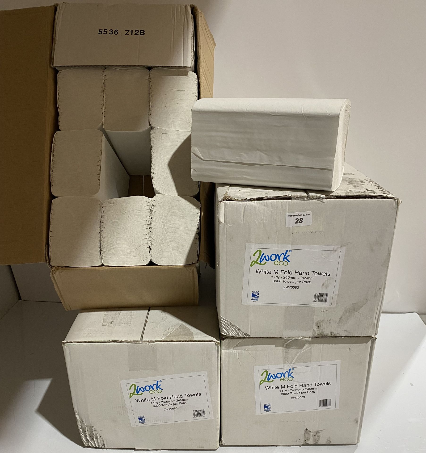 4 x boxes of 2 Work Eco white M fold 1 ply paper hand towels 3000 towels per box (saleroom