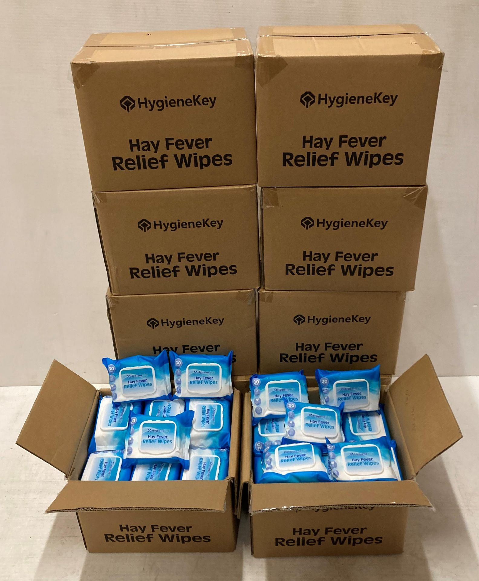 360 x packs of Hygiene Key hay fever relief wipes (30 x wipes per pack - expiry date: 30/05/24) -