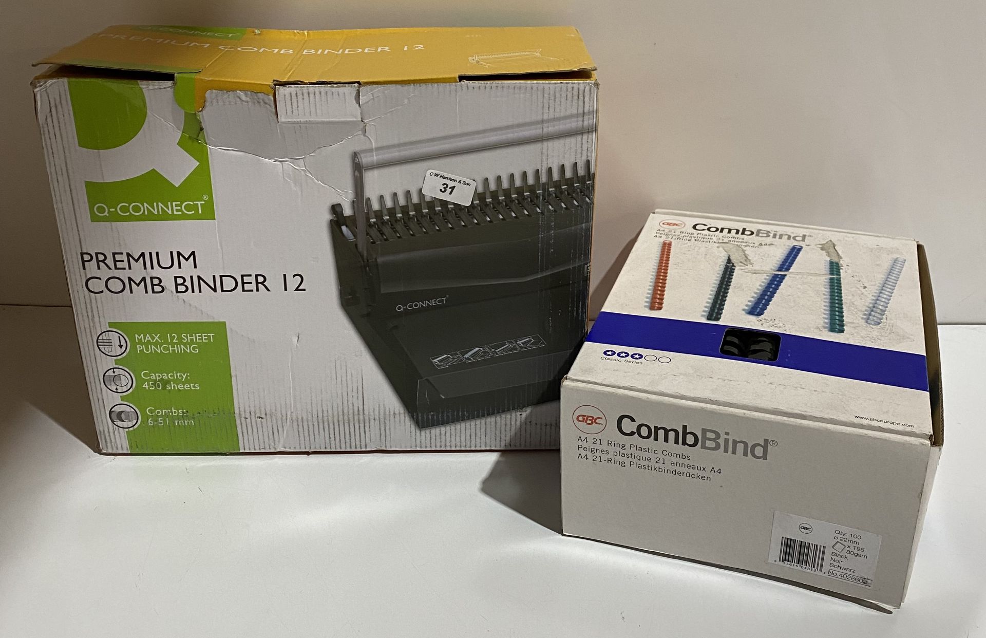 1 x new boxed Q-Connect premium comb binder 12 combs 6-51mm with 1 x box of 100 A4 21 ring plastic