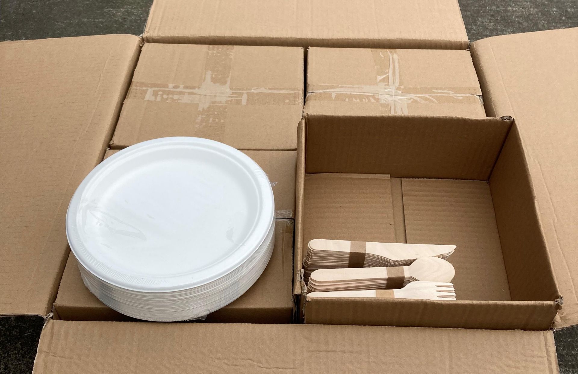 60 x Boxes of approximately 100 x Wooden Cutlery and Paper Plates (4 x outer boxes) (saleroom