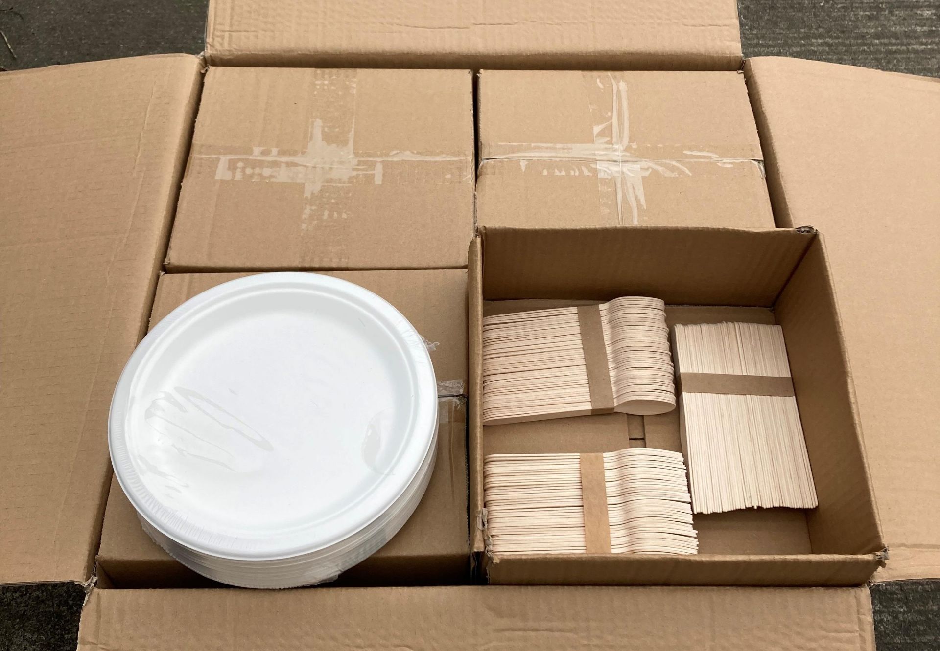 12 x Boxes of Wooden Cutlery and Paper Plates (1 x outer box) (saleroom location: Container 9)