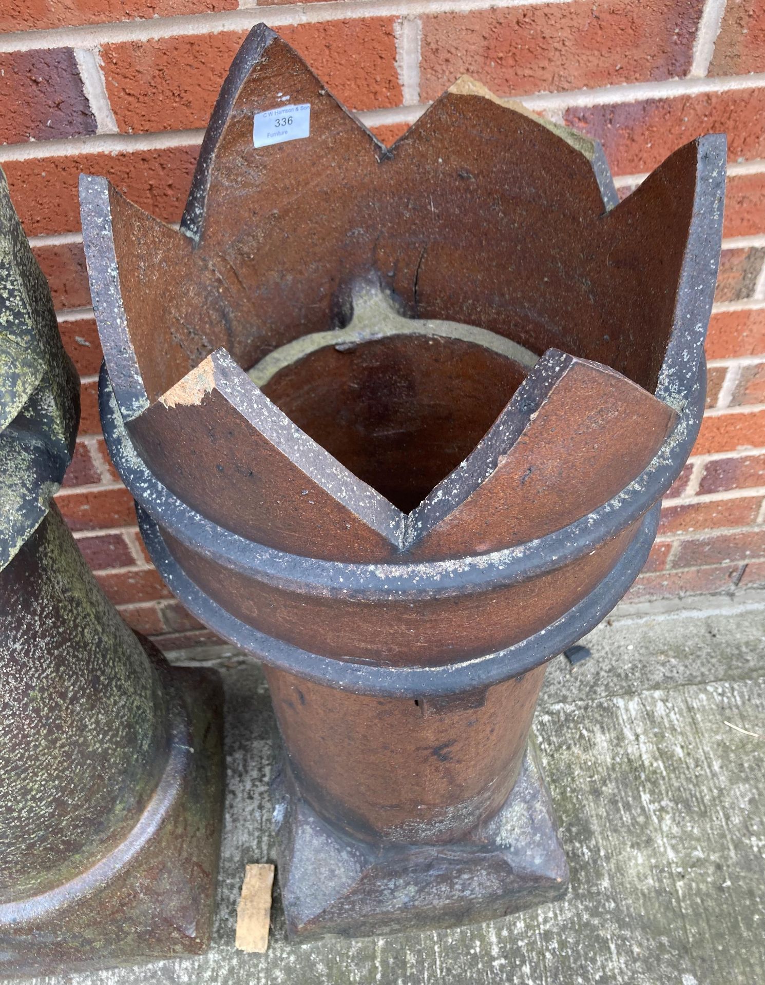 A salt glazed crown topped chimney pot (one point broken - damage to another point) 86cm high