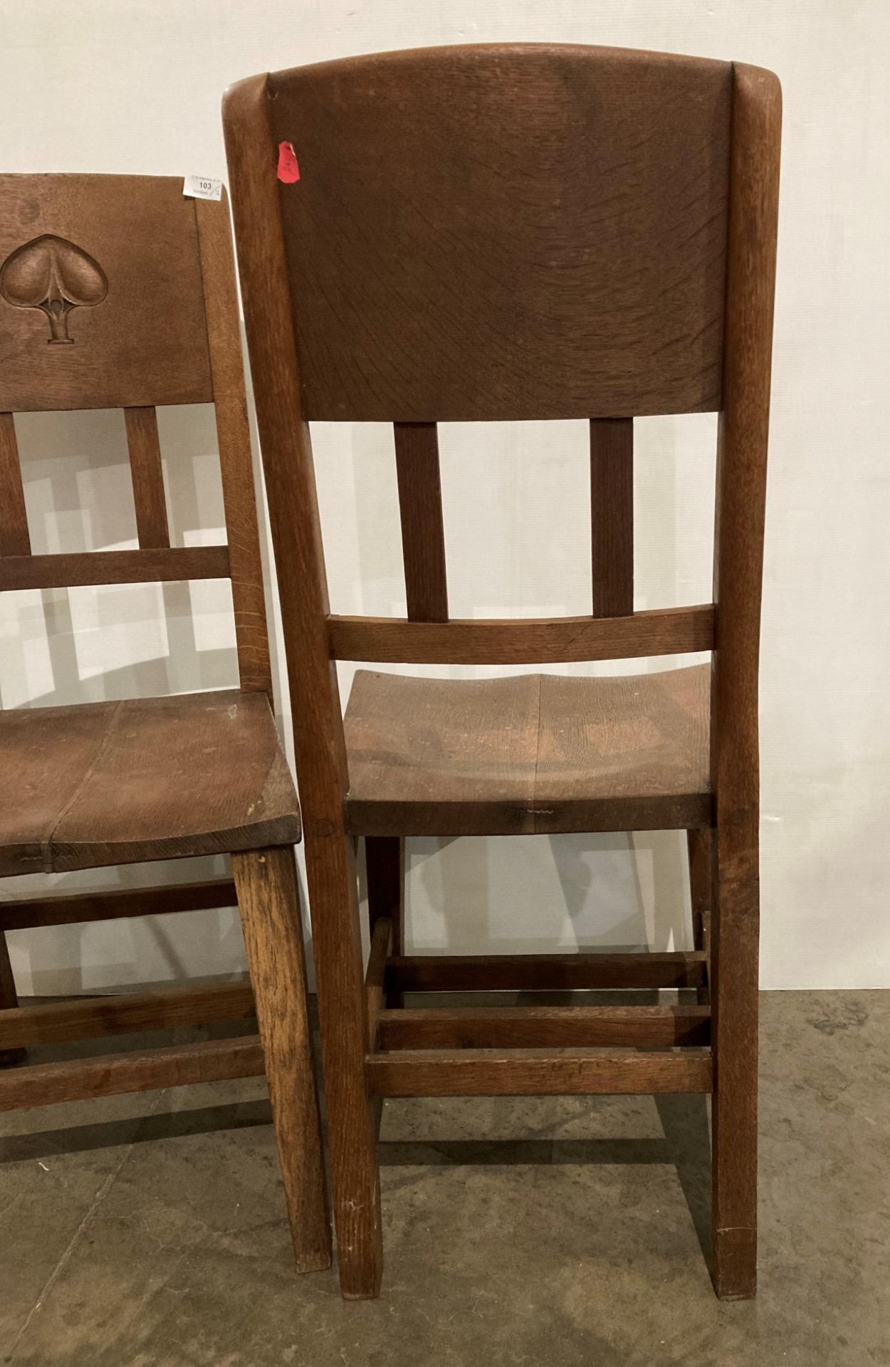 A pair of Arts & Crafts oak chairs designed by William James Neatby (1860-1910) with hand-carved - Image 4 of 5