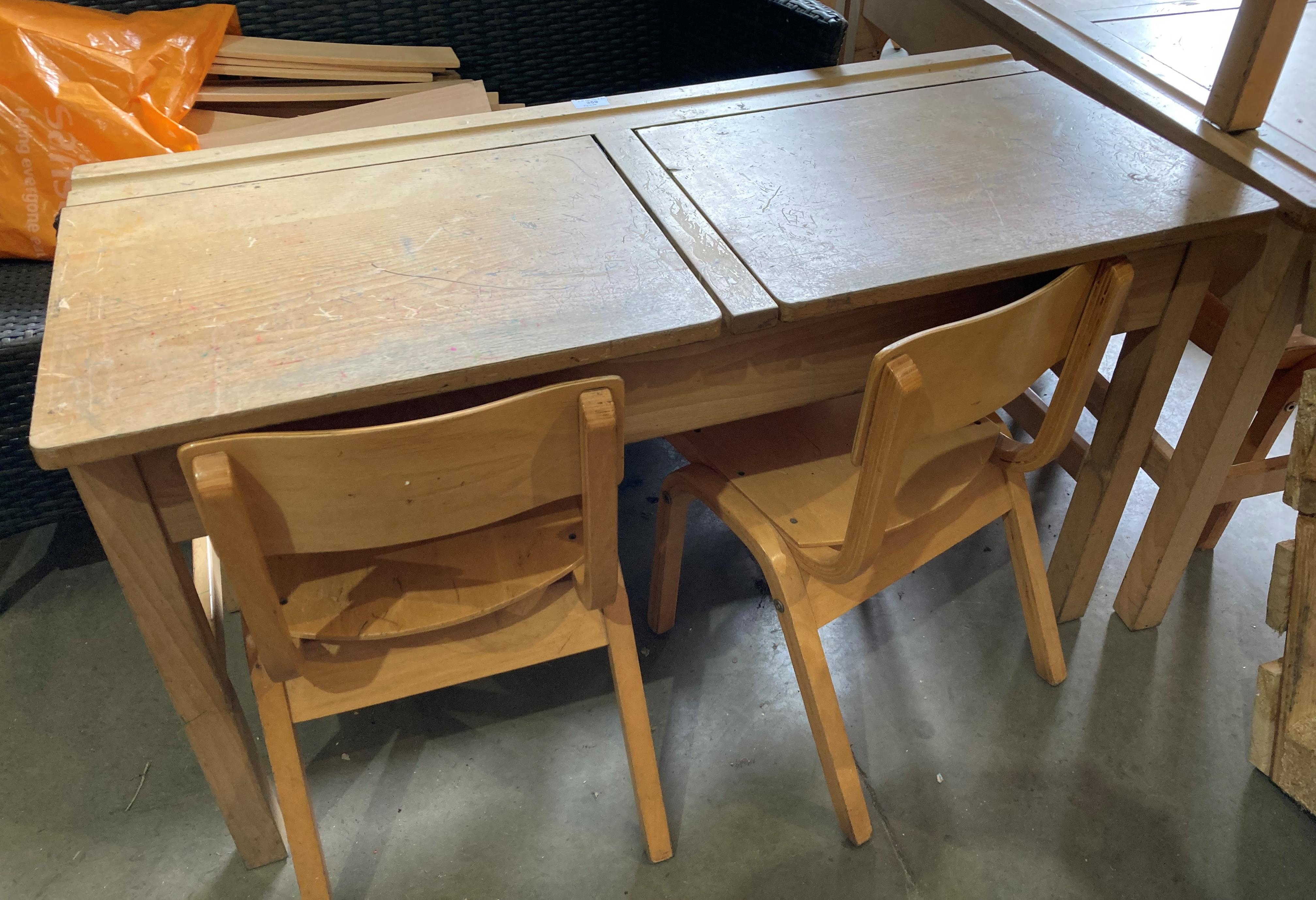 Twin wooden lift-top school desk (105 x 46 x 60cm high) with 2 x wooden school chairs (58cm to top