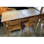 Twin wooden lift-top school desk (105 x 46 x 60cm high) with 2 x wooden school chairs (58cm to top