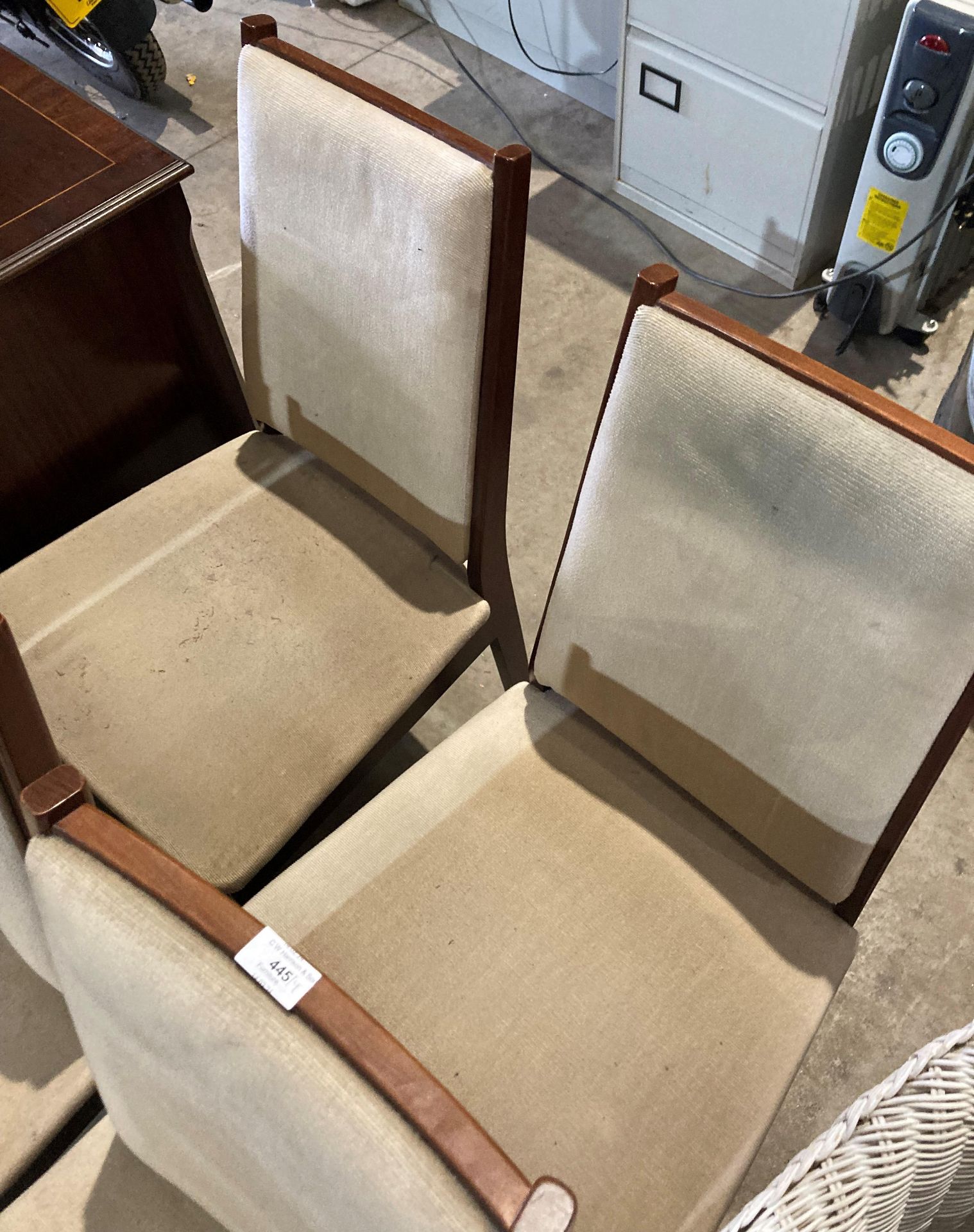 Set of four teak framed dining chairs with beige cloth seats (saleroom location: MA6) - Image 2 of 2
