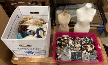 Two model miniature mannequins and contents to box and purple tray - sewing accessories and buttons,