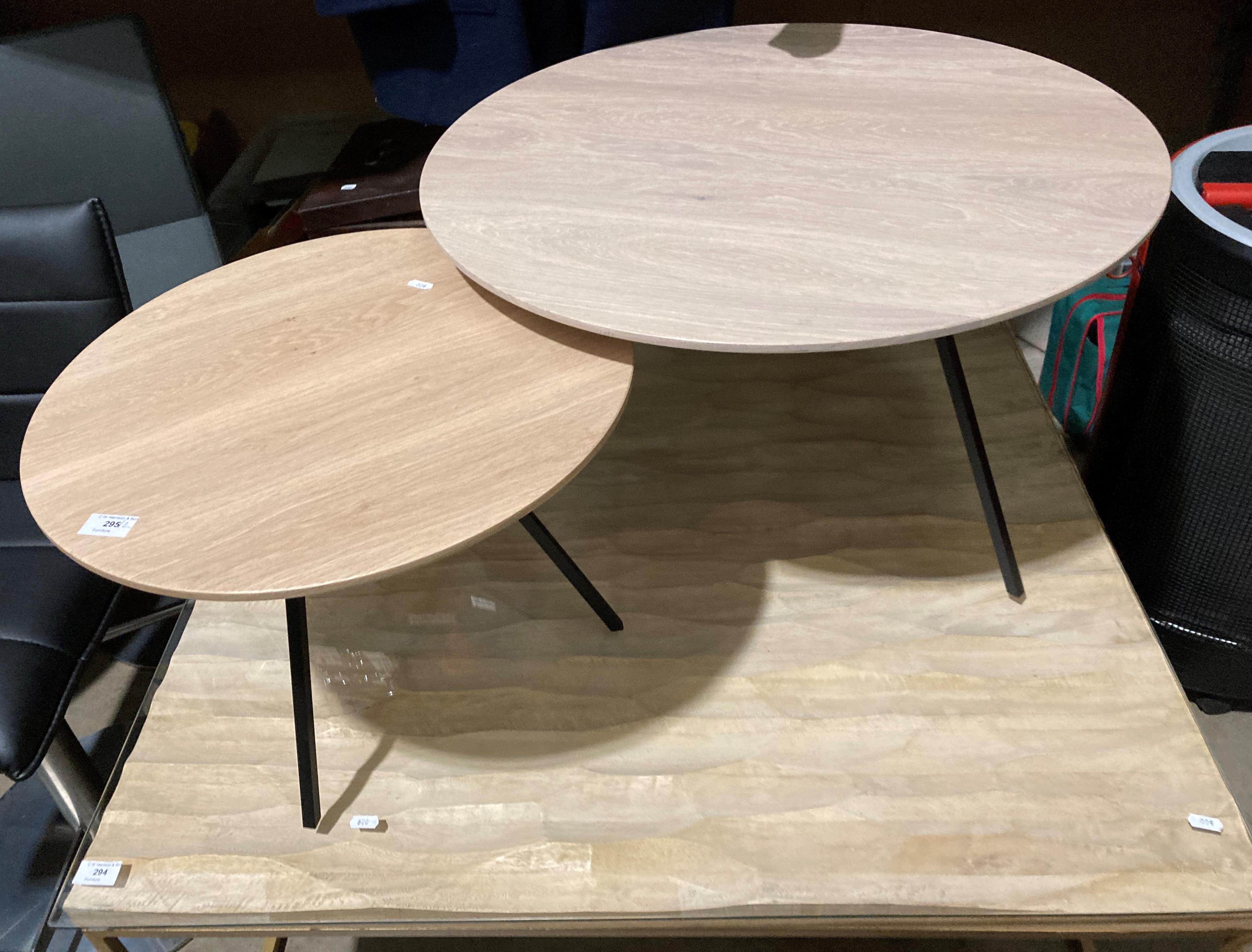 Two light ash topped metal framed circular coffee tables,