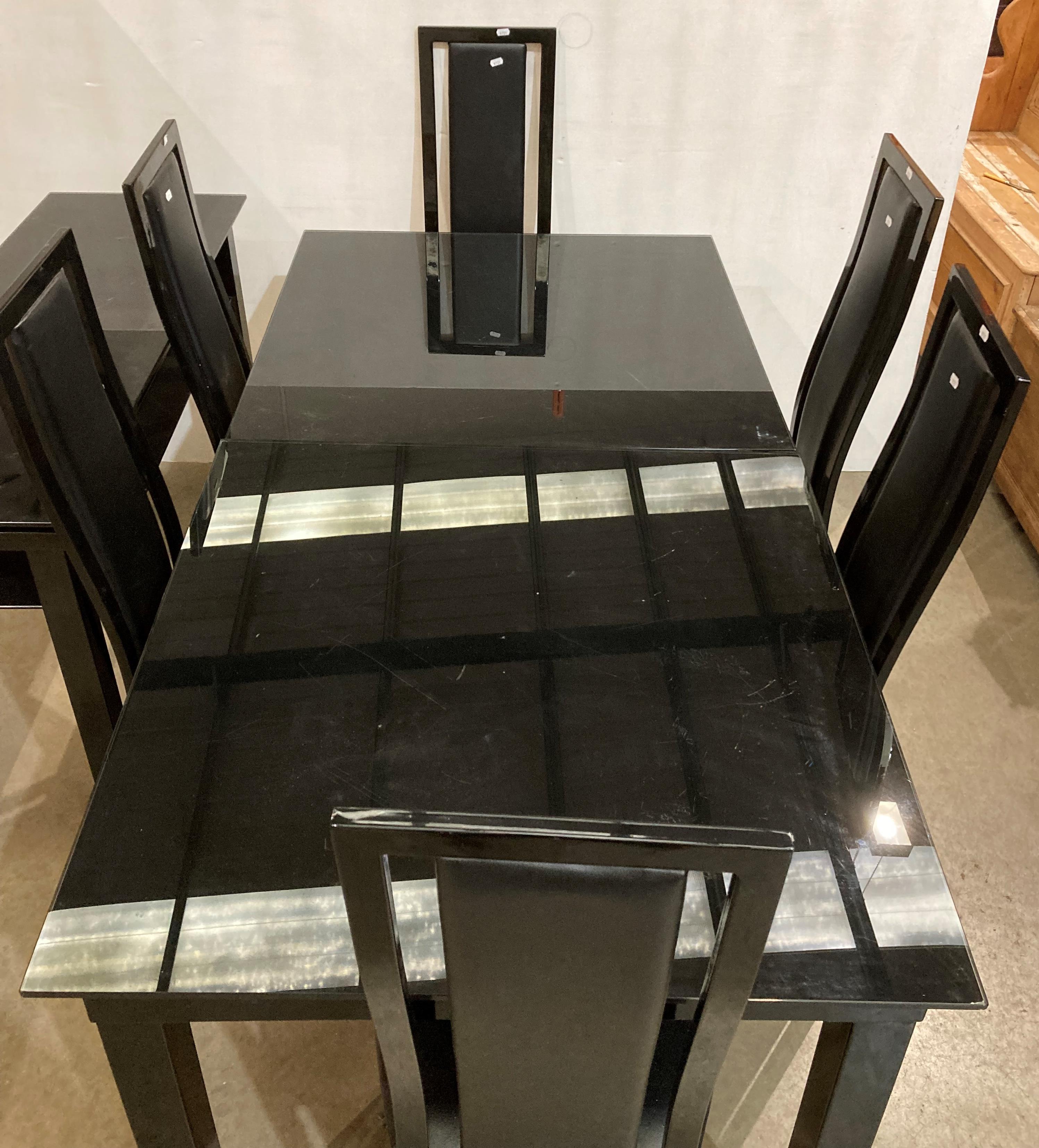 Black glass extending dining table with six matching black high-back dining chairs and a matching - Image 2 of 4